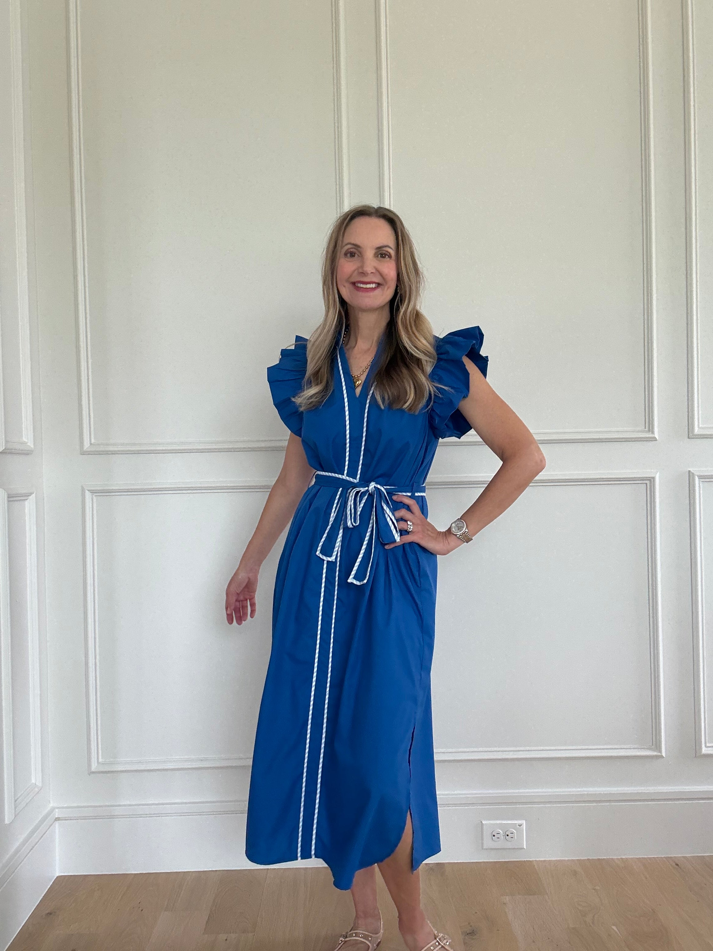 Entro Blue and White Ruffle Sleeve Midi Dress – Bottega Estephe