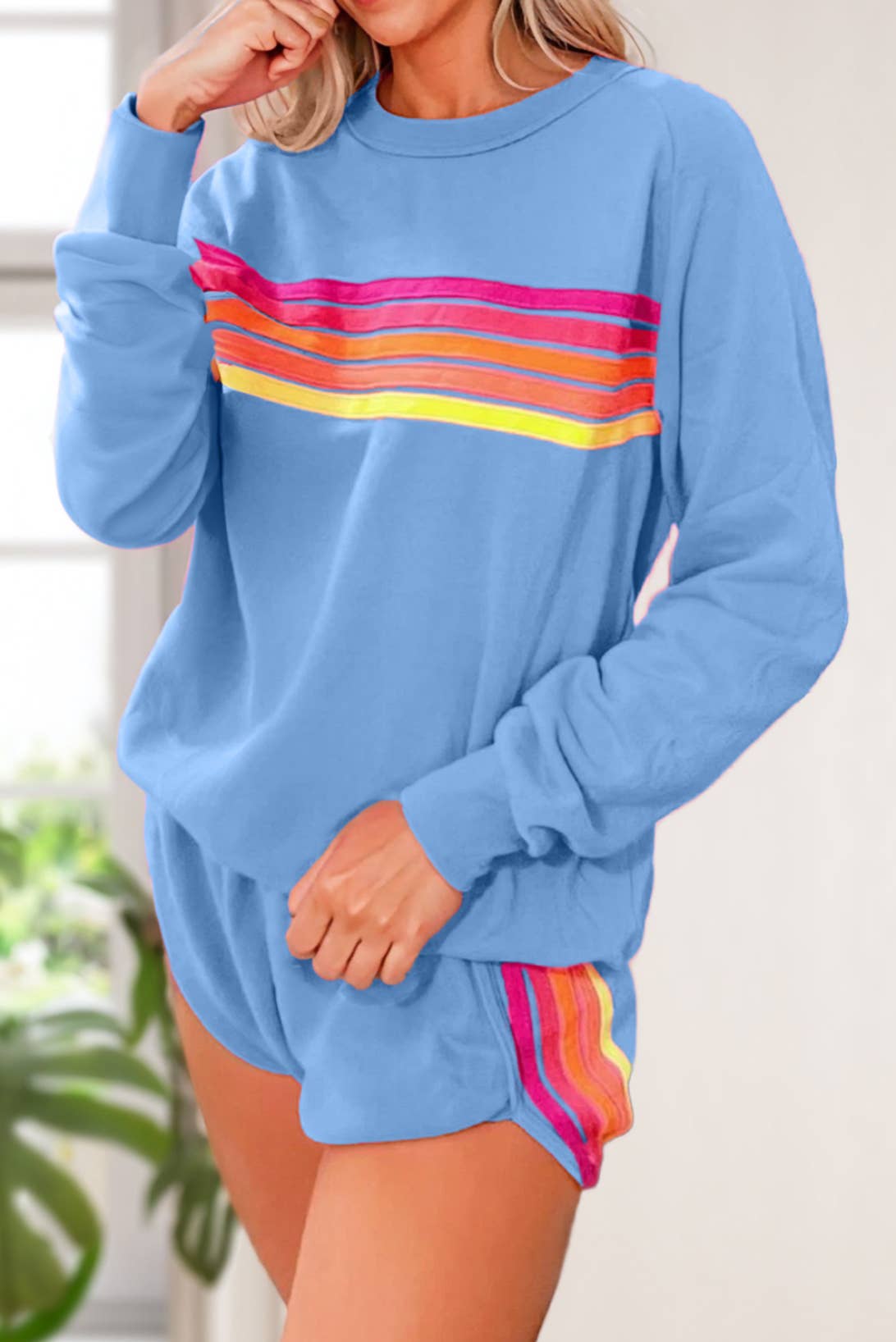 *Sale* Colorful Striped Long Sleeve Top and Shorts Set - Blue