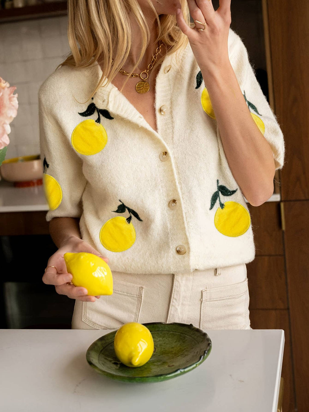 Lemon Patch Knit Sweater Cardigan with Short Sleeves