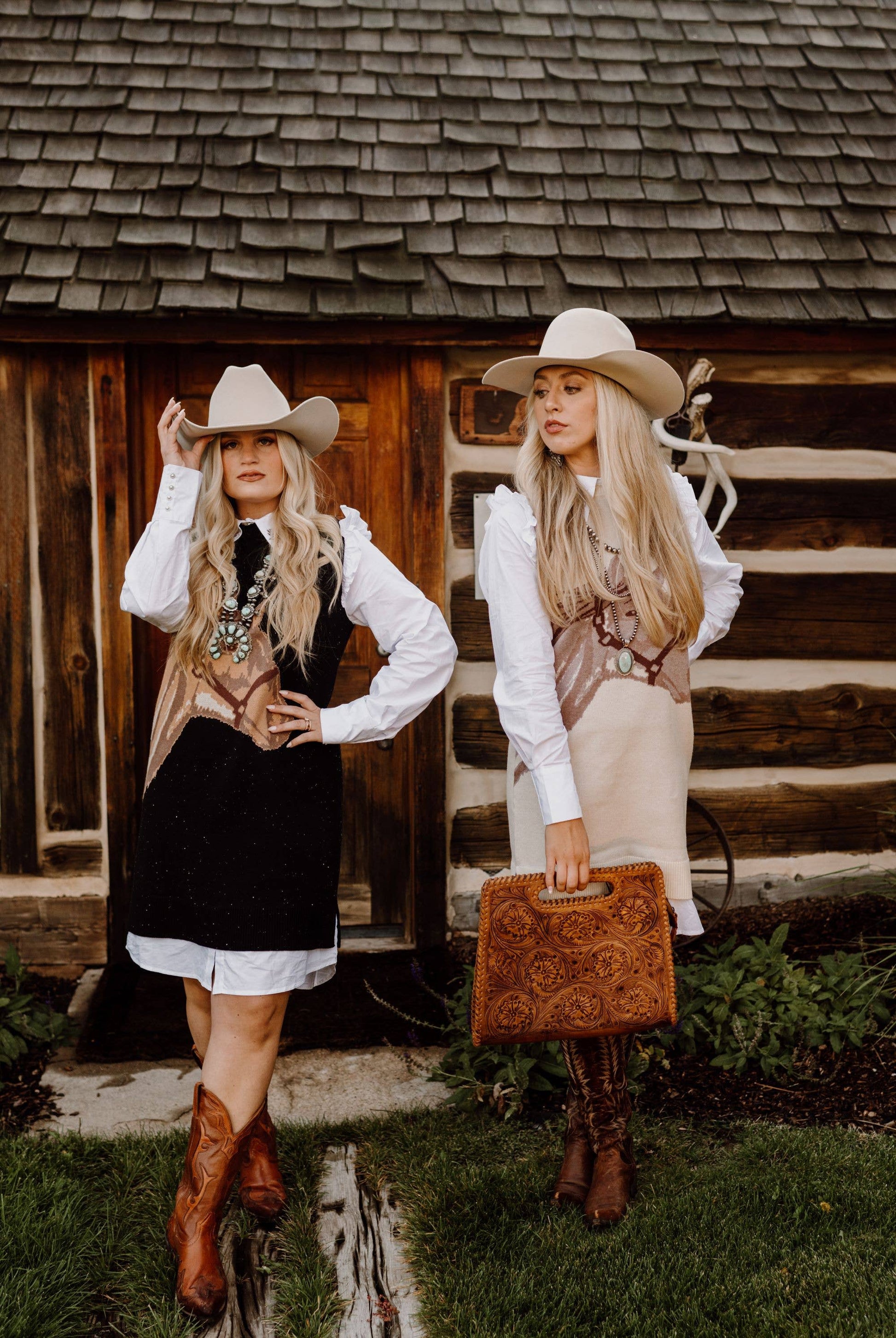 sweater dress and cowboy boots Sale* Horse Sweater Dress in Black w/Faux White Ruffled Oxford Dress – Bottega Estephe