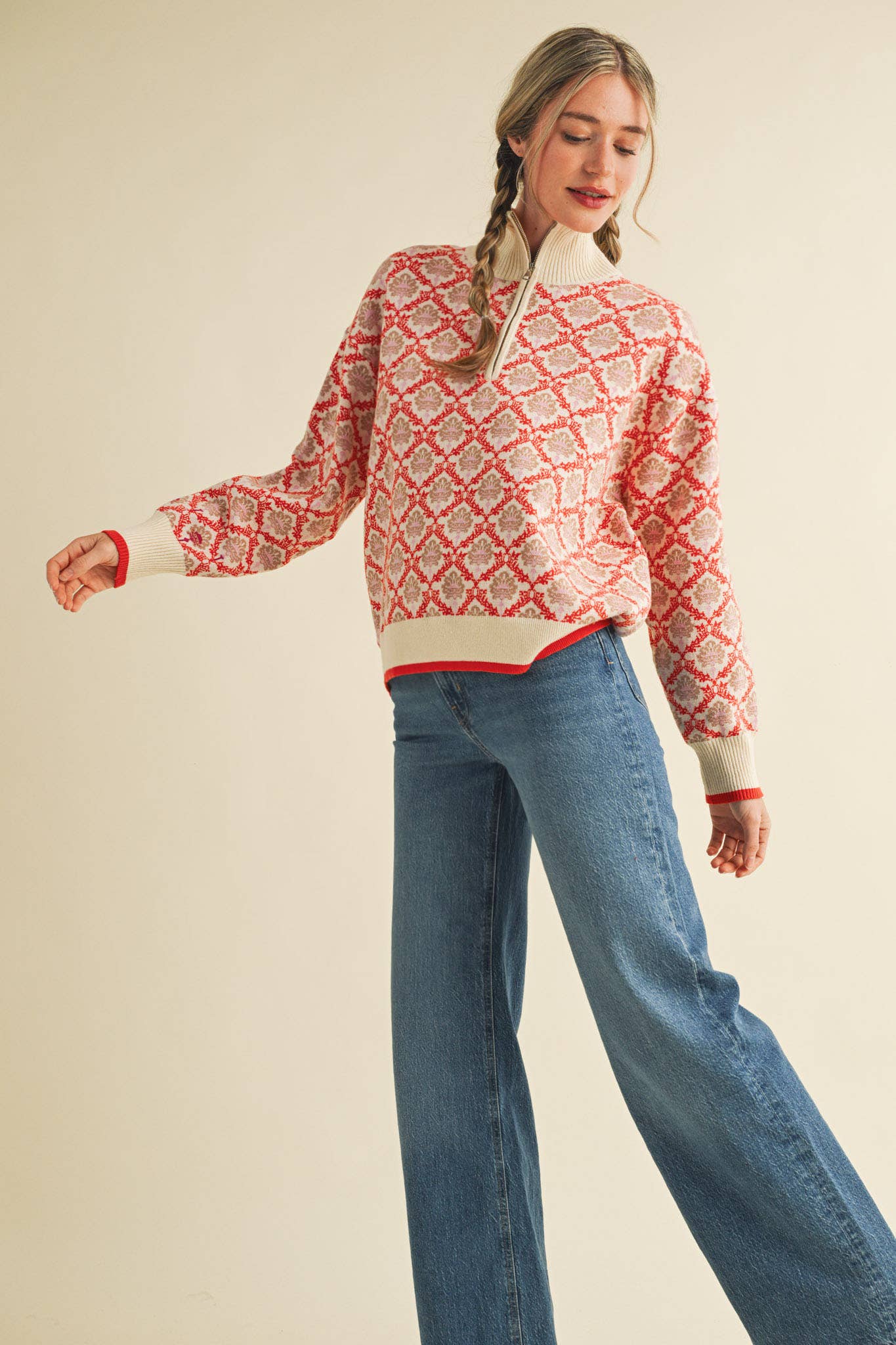 FLORAL MOCK NECK HALF ZIP PULLOVER