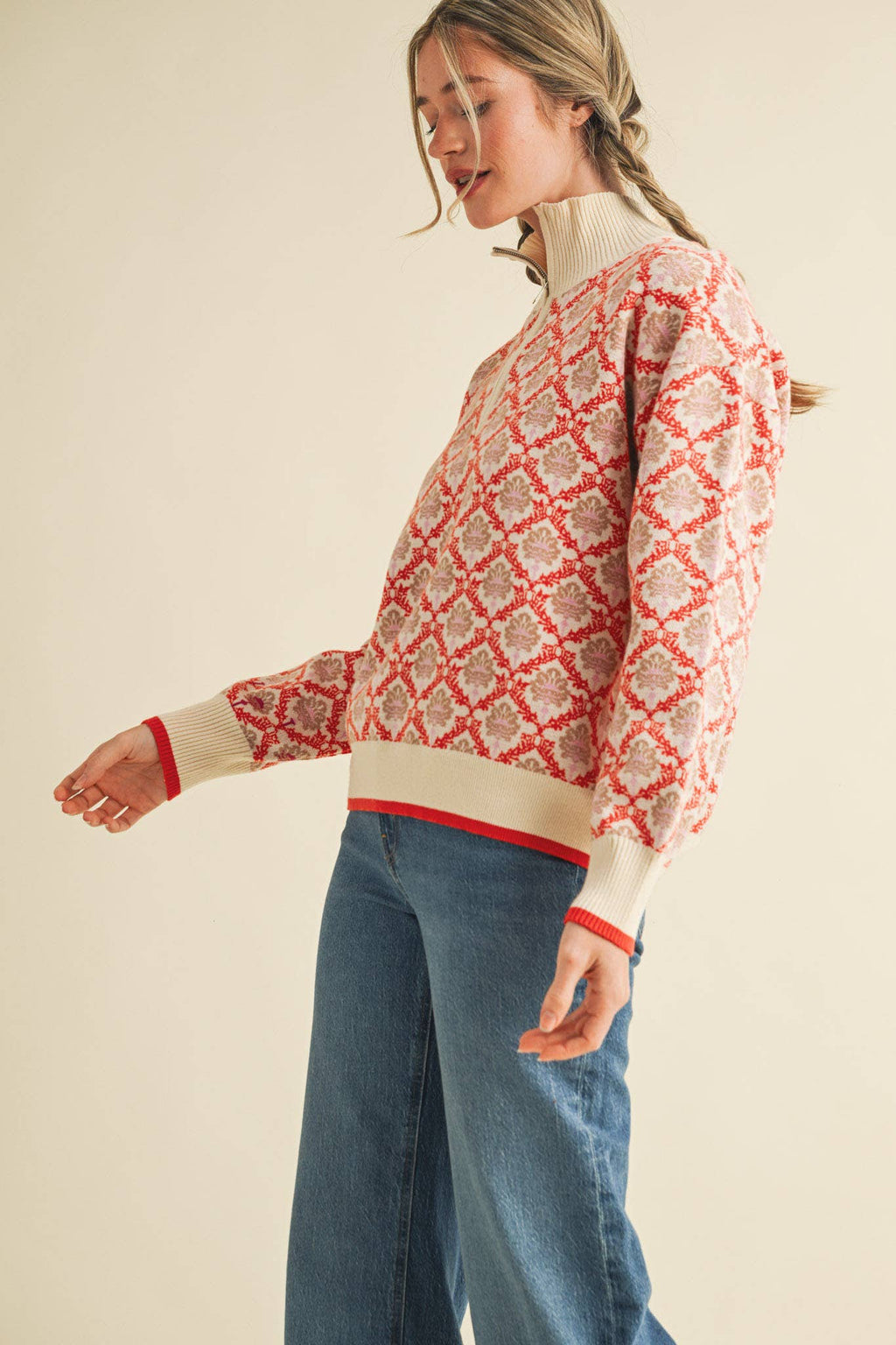 FLORAL MOCK NECK HALF ZIP PULLOVER