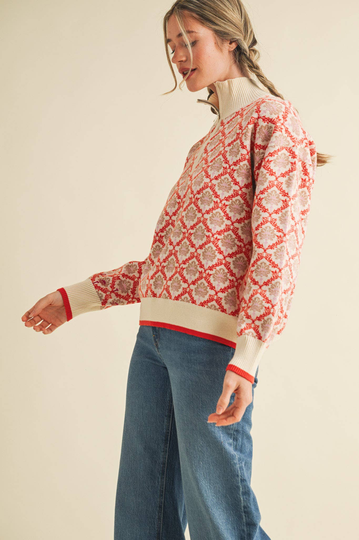 FLORAL MOCK NECK HALF ZIP PULLOVER