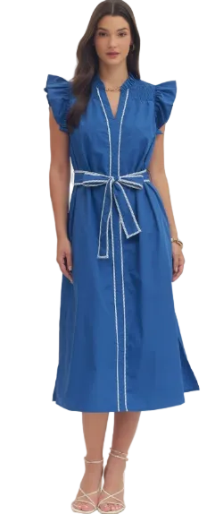 Entro Blue and White Ruffle Sleeve Midi Dress