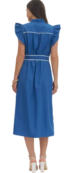 Entro Blue and White Ruffle Sleeve Midi Dress