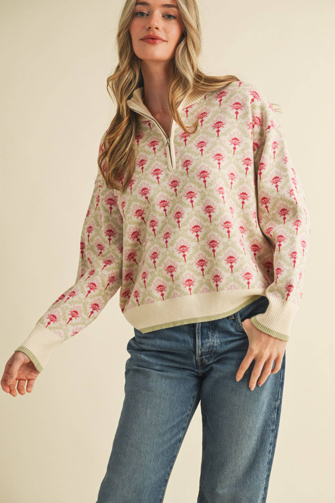 FLORAL MOCK NECK HALF ZIP PULLOVER