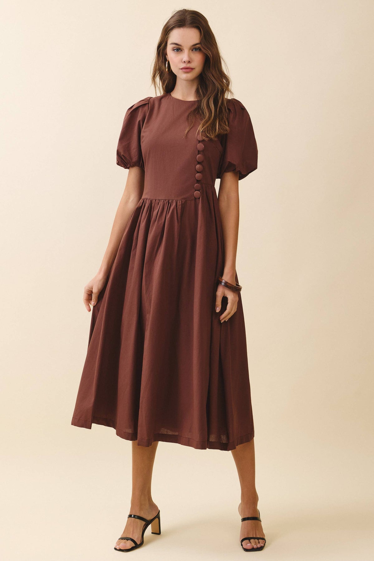 TCEC Puff Sleeve Round Neck Faux Button Detail Dress in Coffee