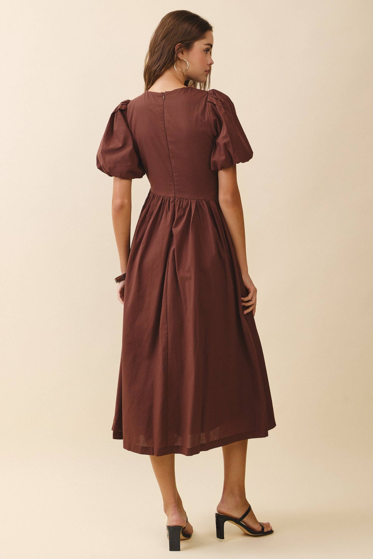TCEC Puff Sleeve Round Neck Faux Button Detail Dress in Coffee