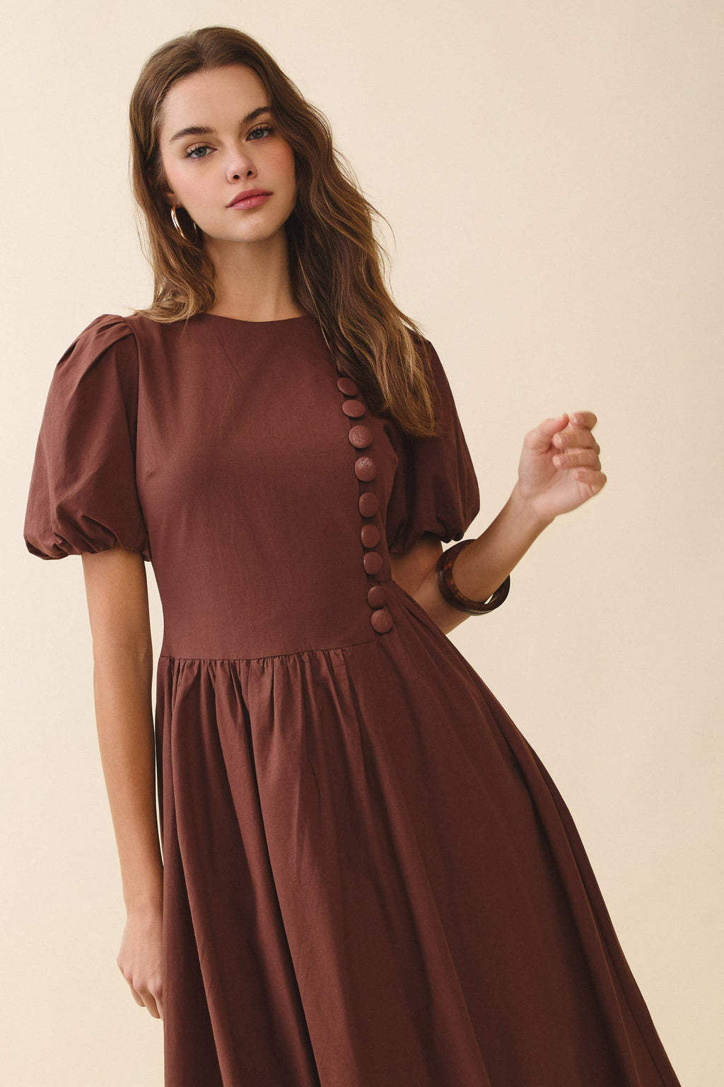 TCEC Puff Sleeve Round Neck Faux Button Detail Dress in Coffee