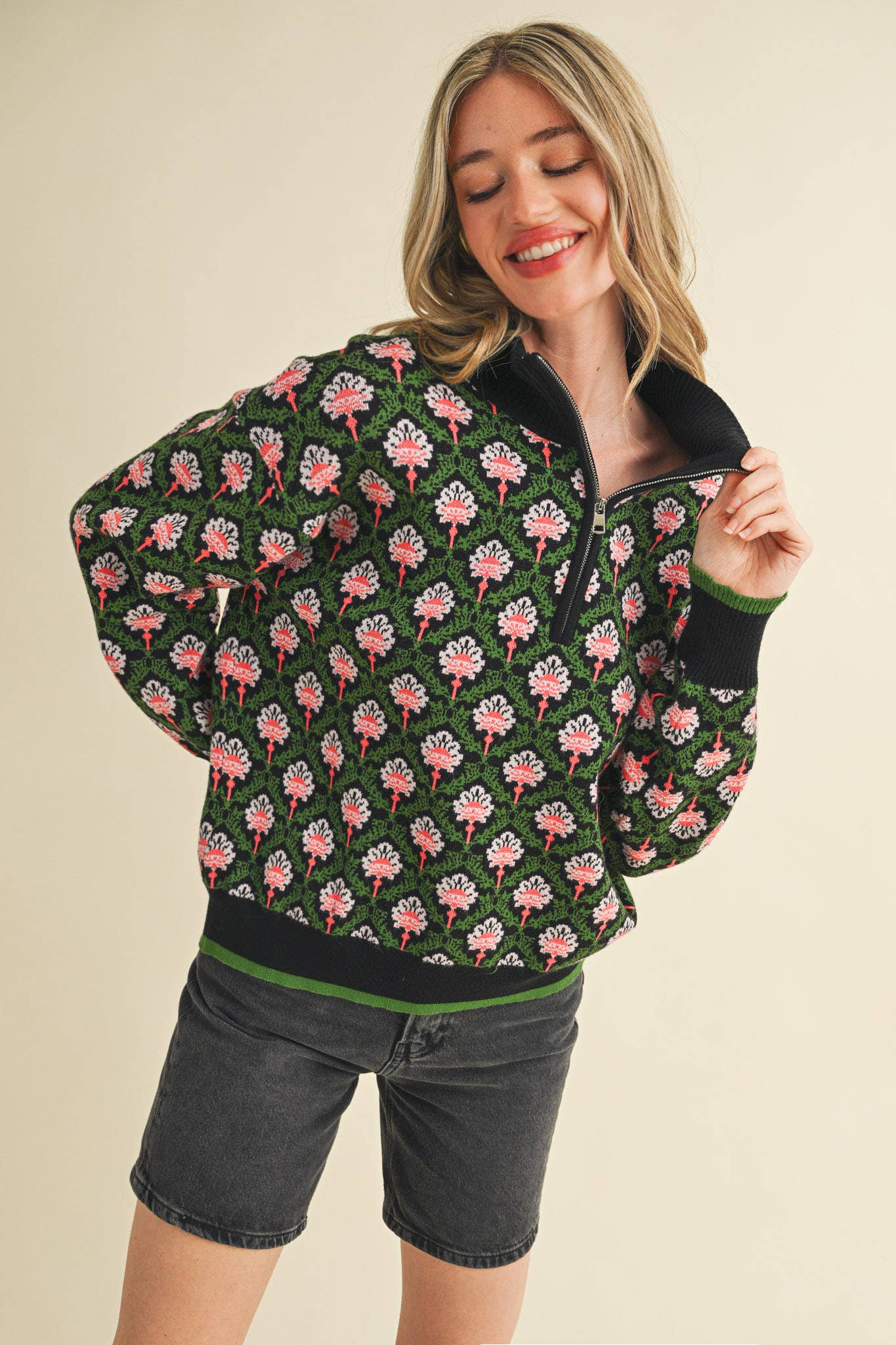 FLORAL MOCK NECK HALF ZIP PULLOVER
