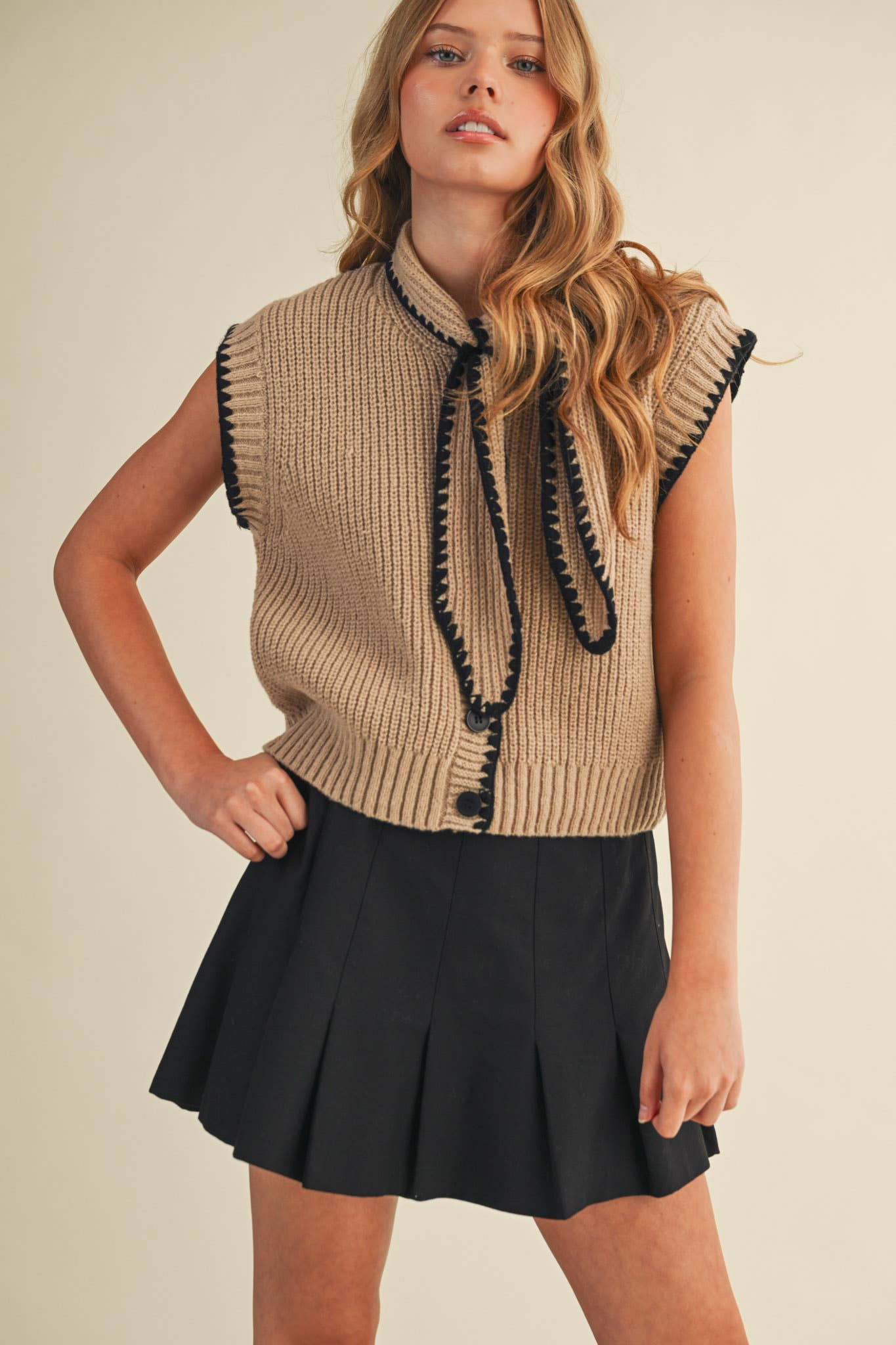 Tie Neck Sweater Vest with Black Blanket Stitch in Khaki
