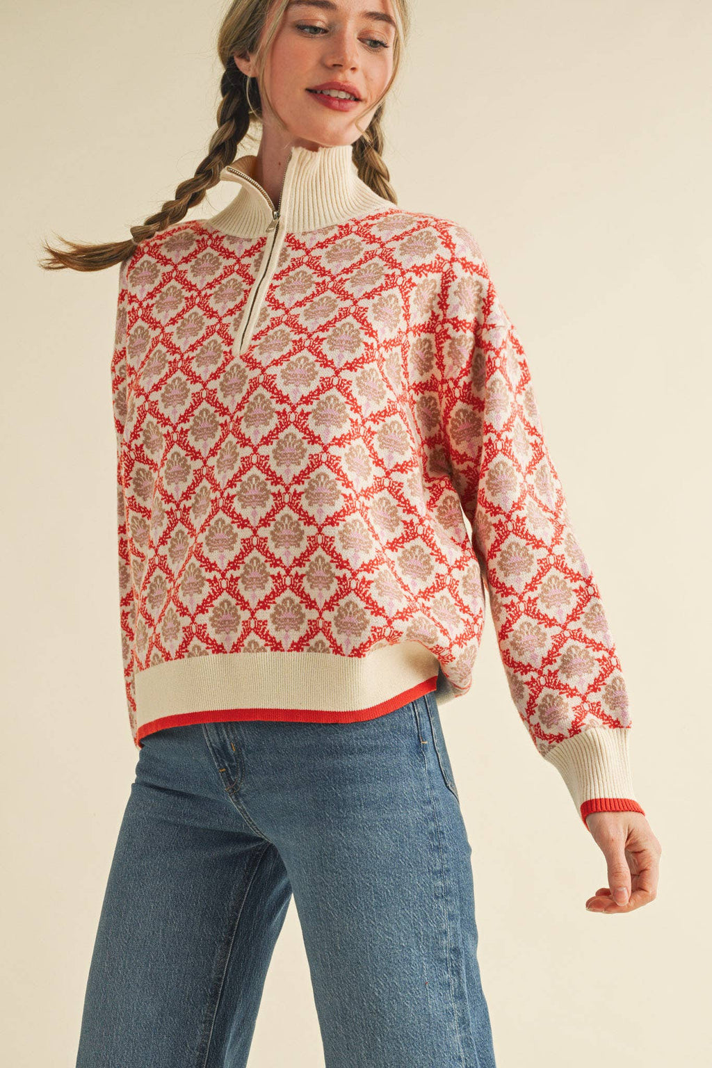 FLORAL MOCK NECK HALF ZIP PULLOVER