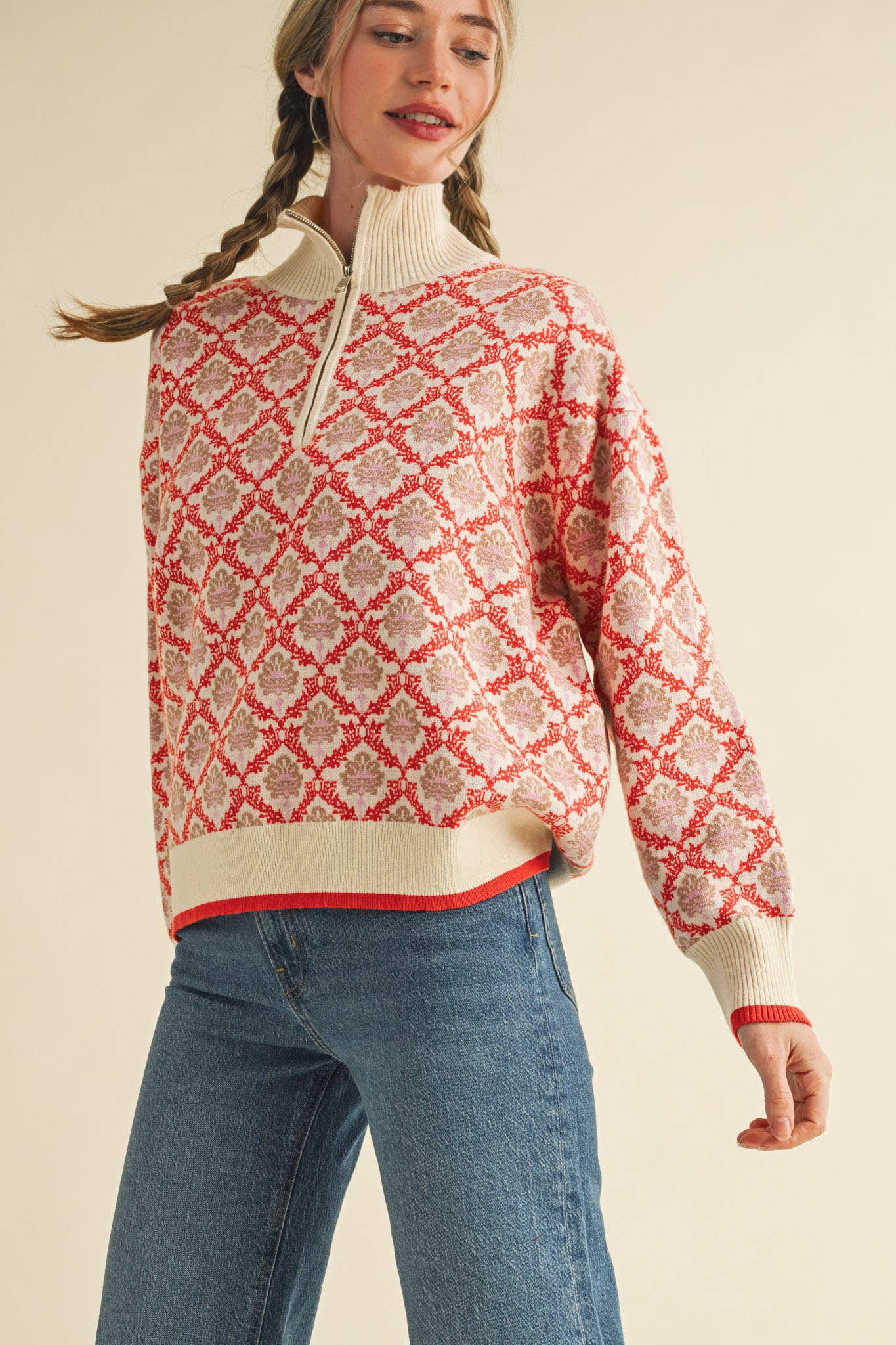 FLORAL MOCK NECK HALF ZIP PULLOVER