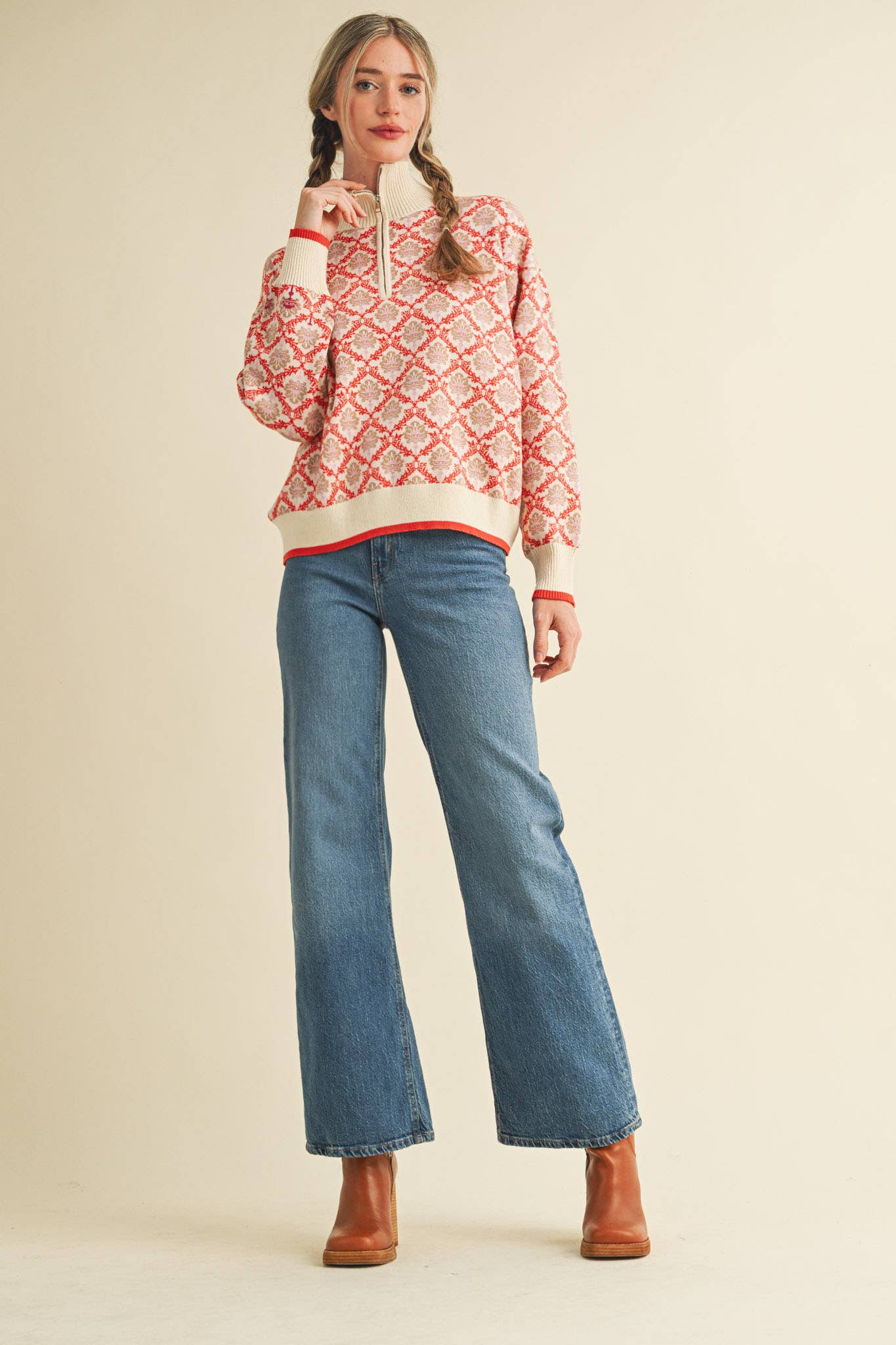 FLORAL MOCK NECK HALF ZIP PULLOVER