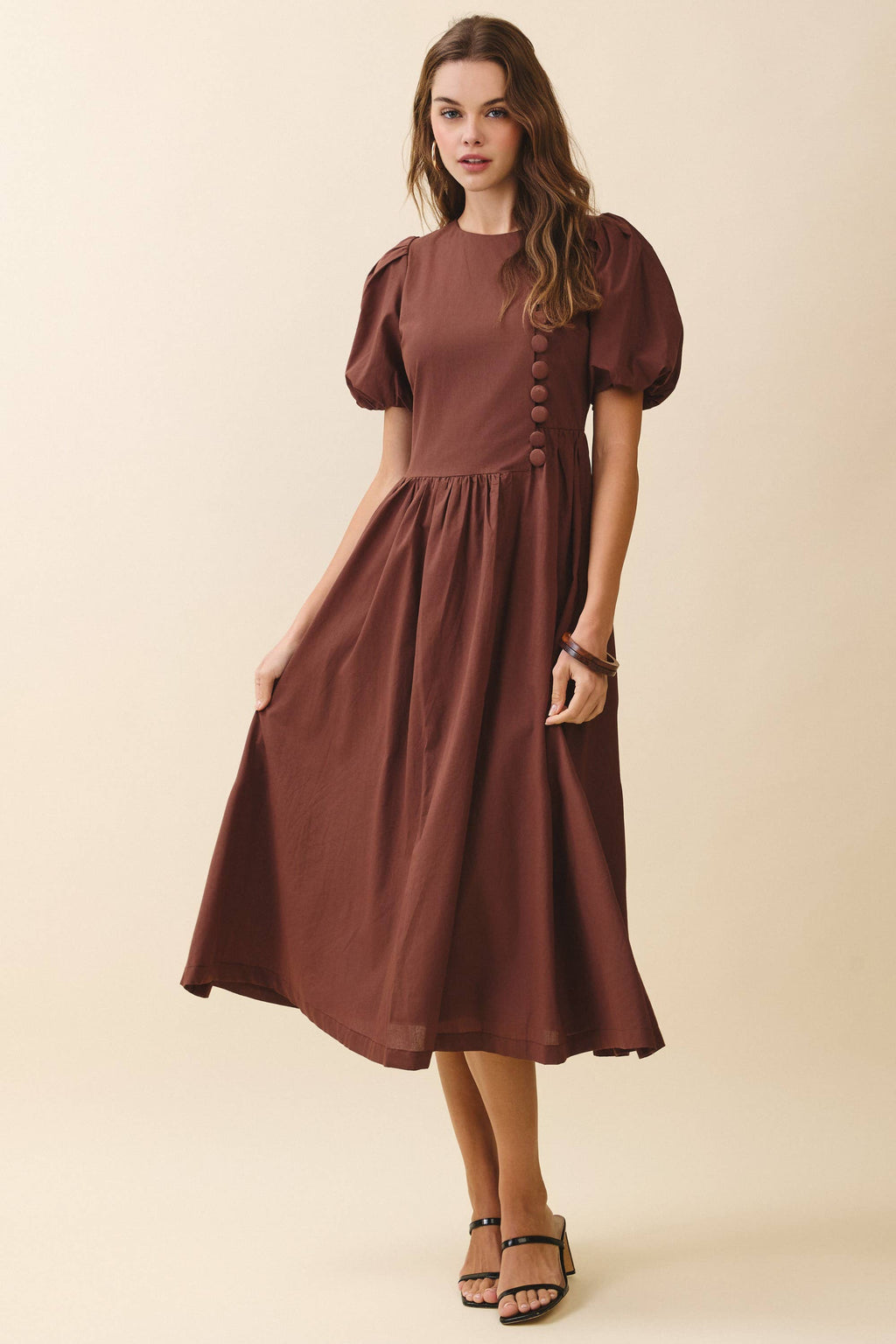 TCEC Puff Sleeve Round Neck Faux Button Detail Dress in Coffee