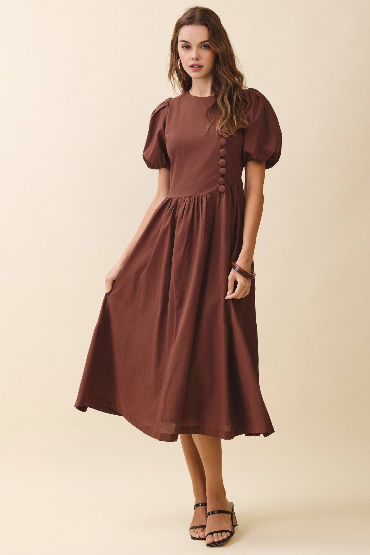 TCEC Puff Sleeve Round Neck Faux Button Detail Dress in Coffee