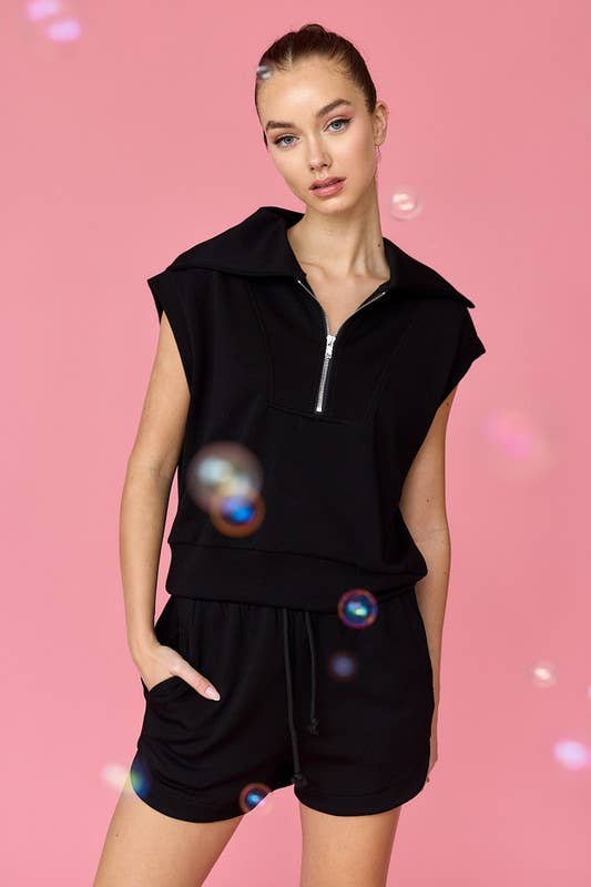 *Sale* Stella Half Zip Cropped Sweatshirt and Shorts Set - Black