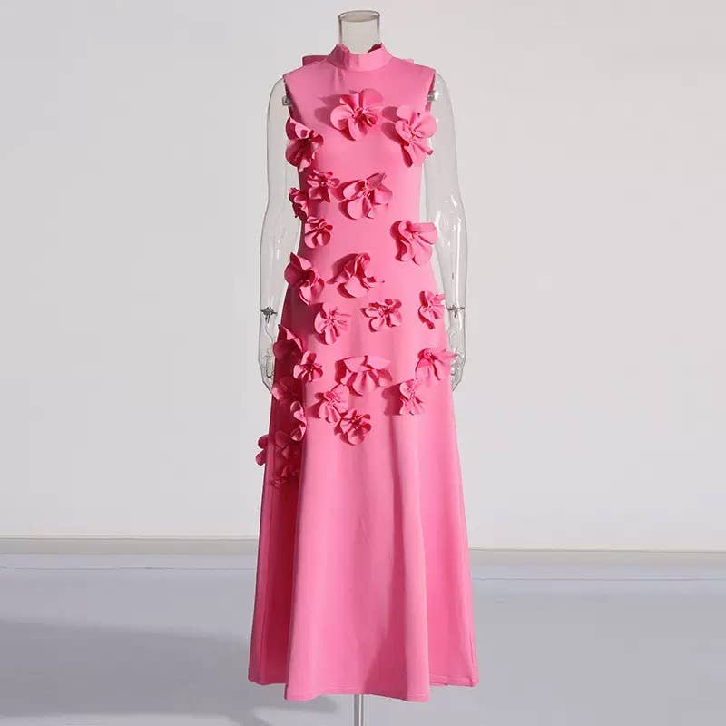 Meg Sleeveless 3D Flower Maxi Dress in Pink