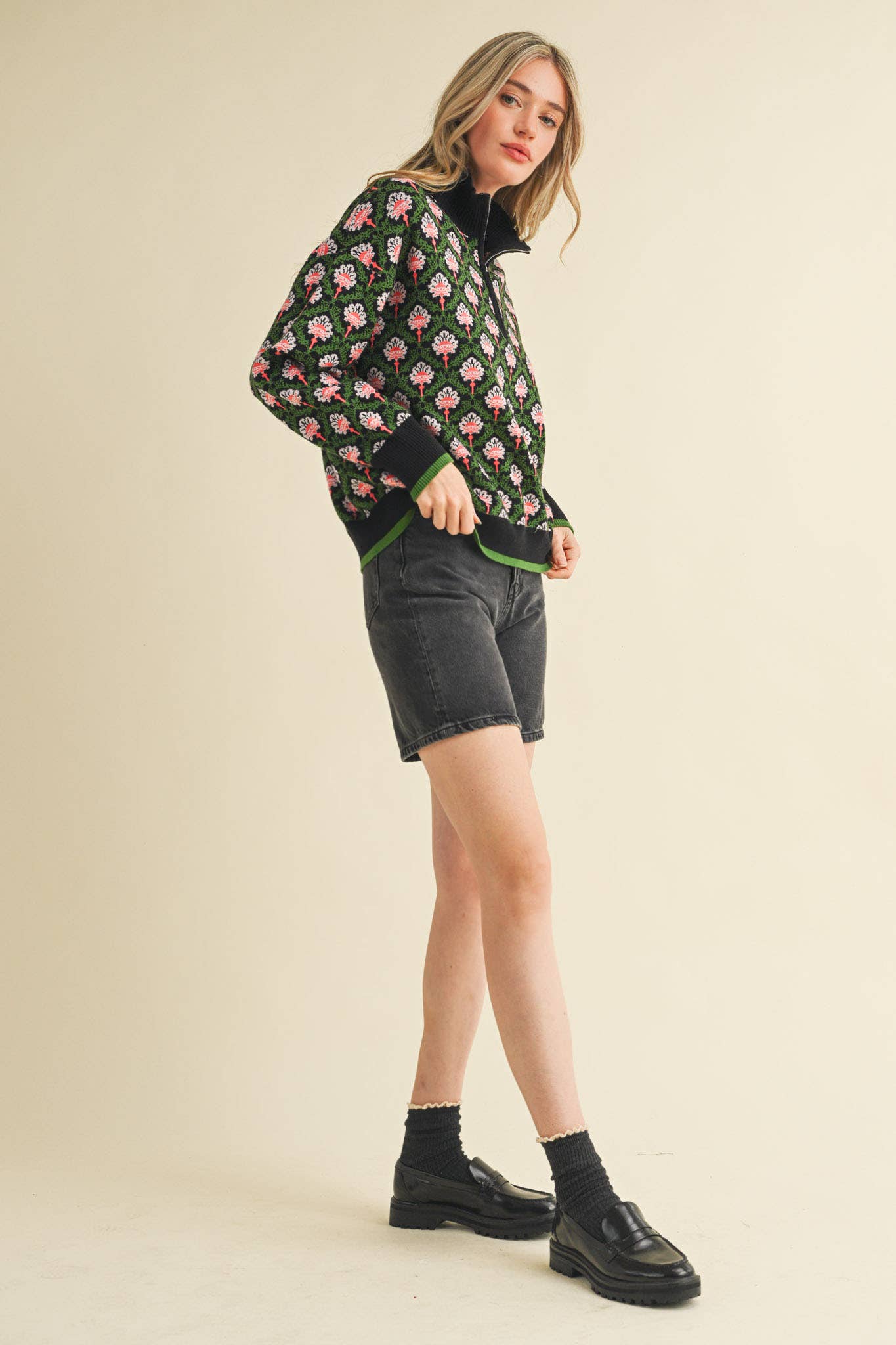 FLORAL MOCK NECK HALF ZIP PULLOVER