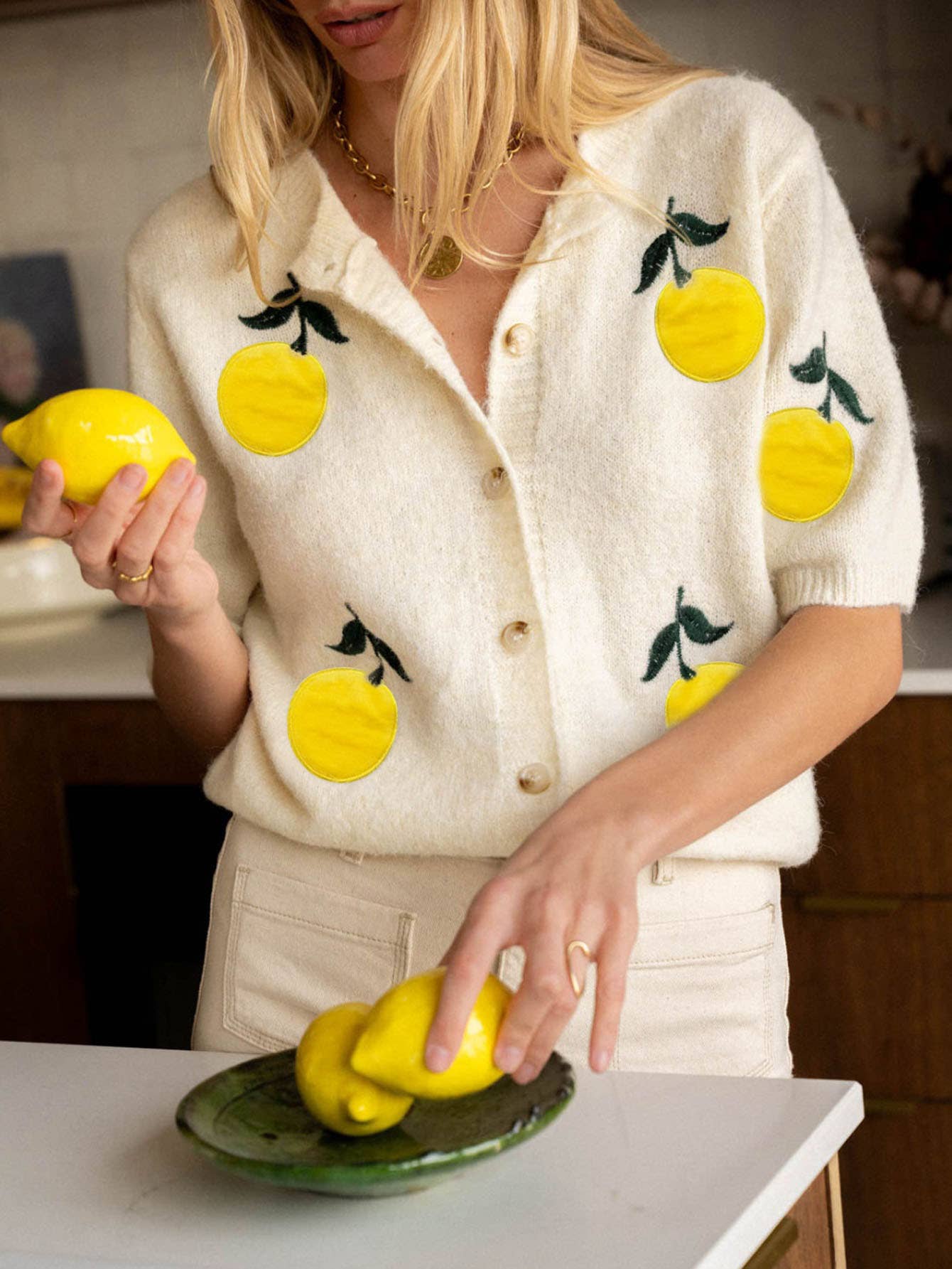 Lemon Patch Knit Sweater Cardigan with Short Sleeves