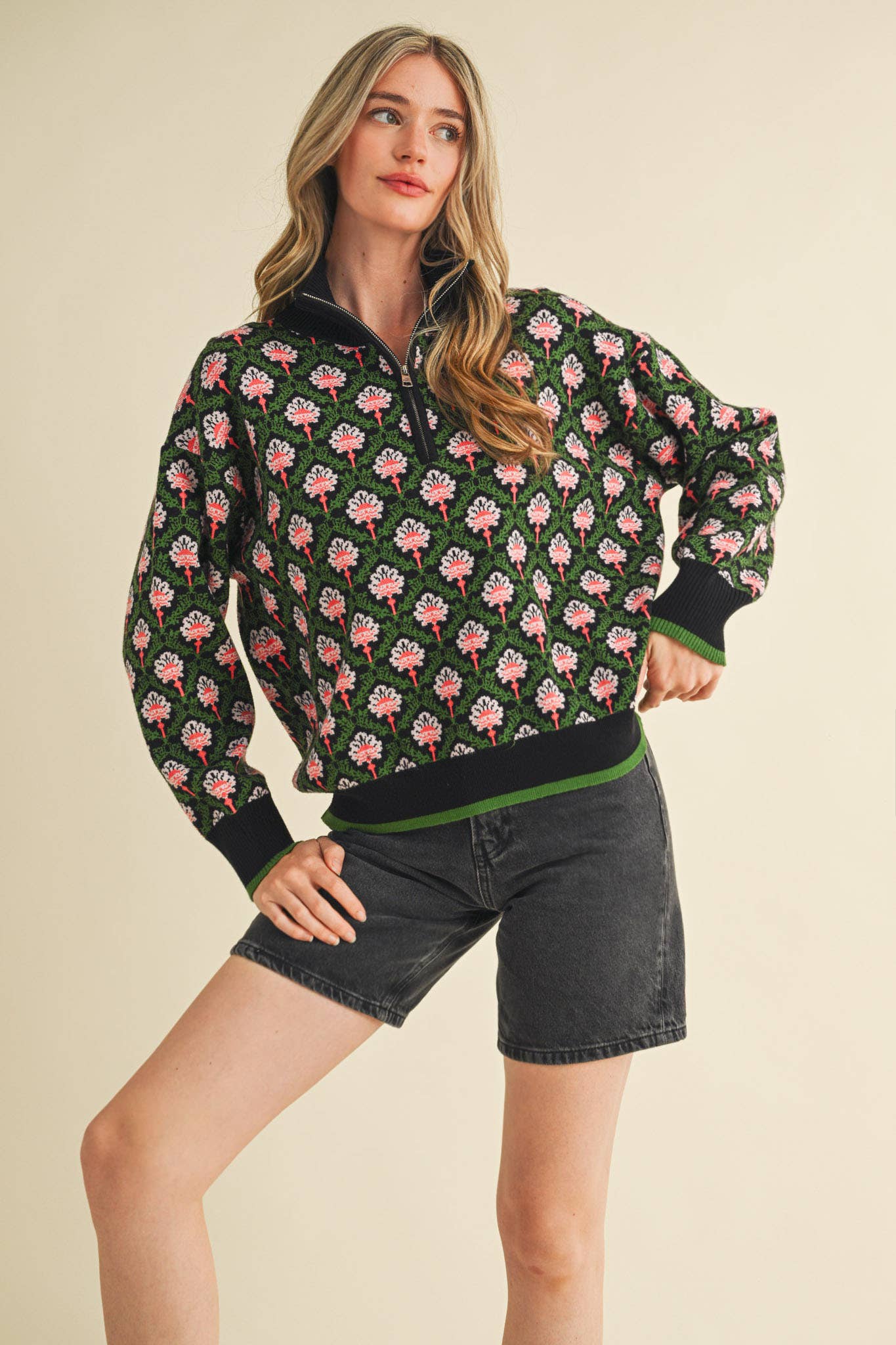 FLORAL MOCK NECK HALF ZIP PULLOVER