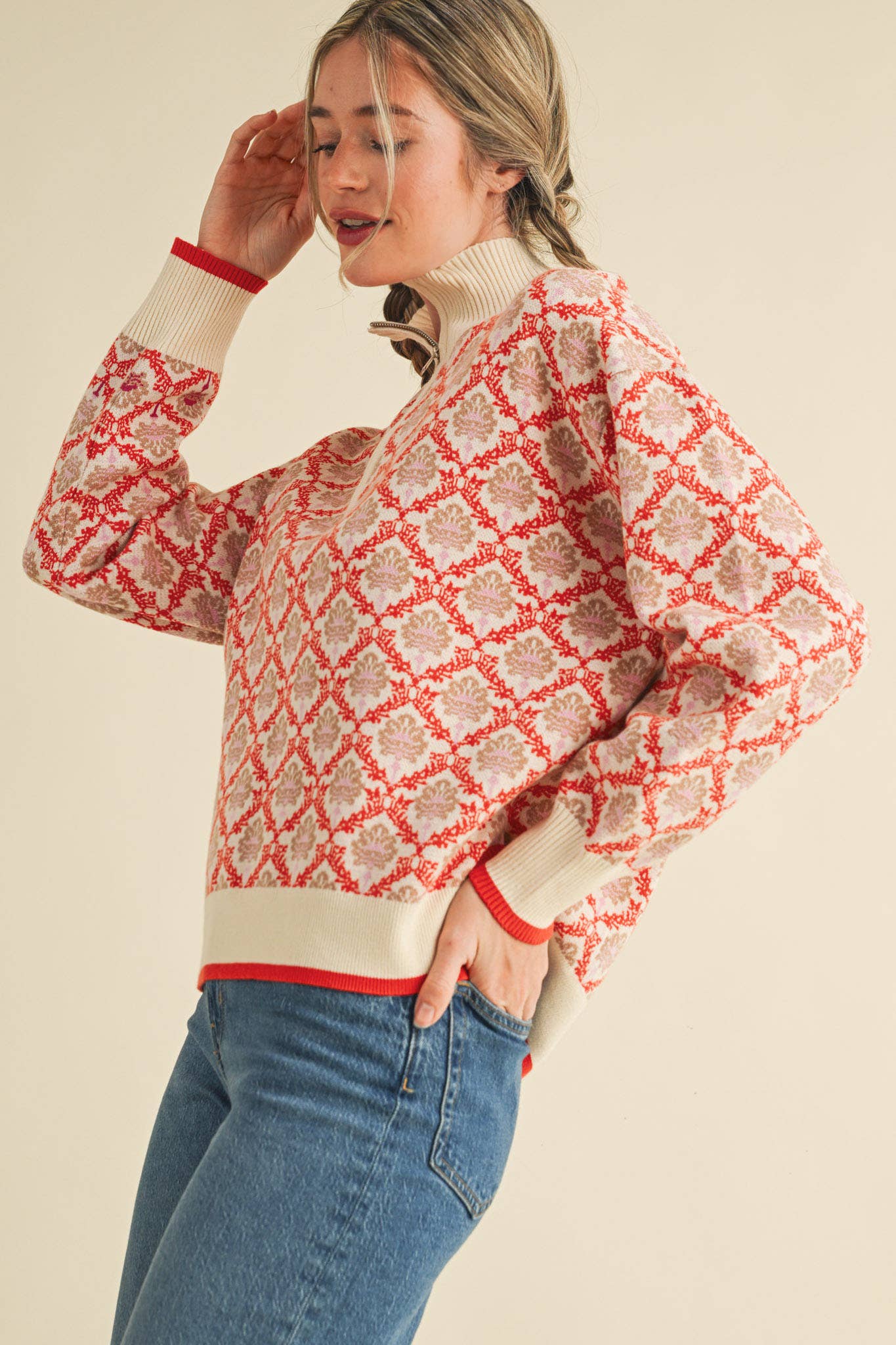 FLORAL MOCK NECK HALF ZIP PULLOVER