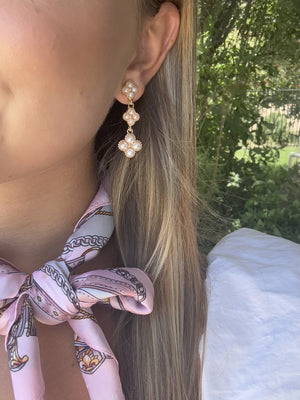 Angela Faux Pearl Quatrefoil Dangle Earrings - Long