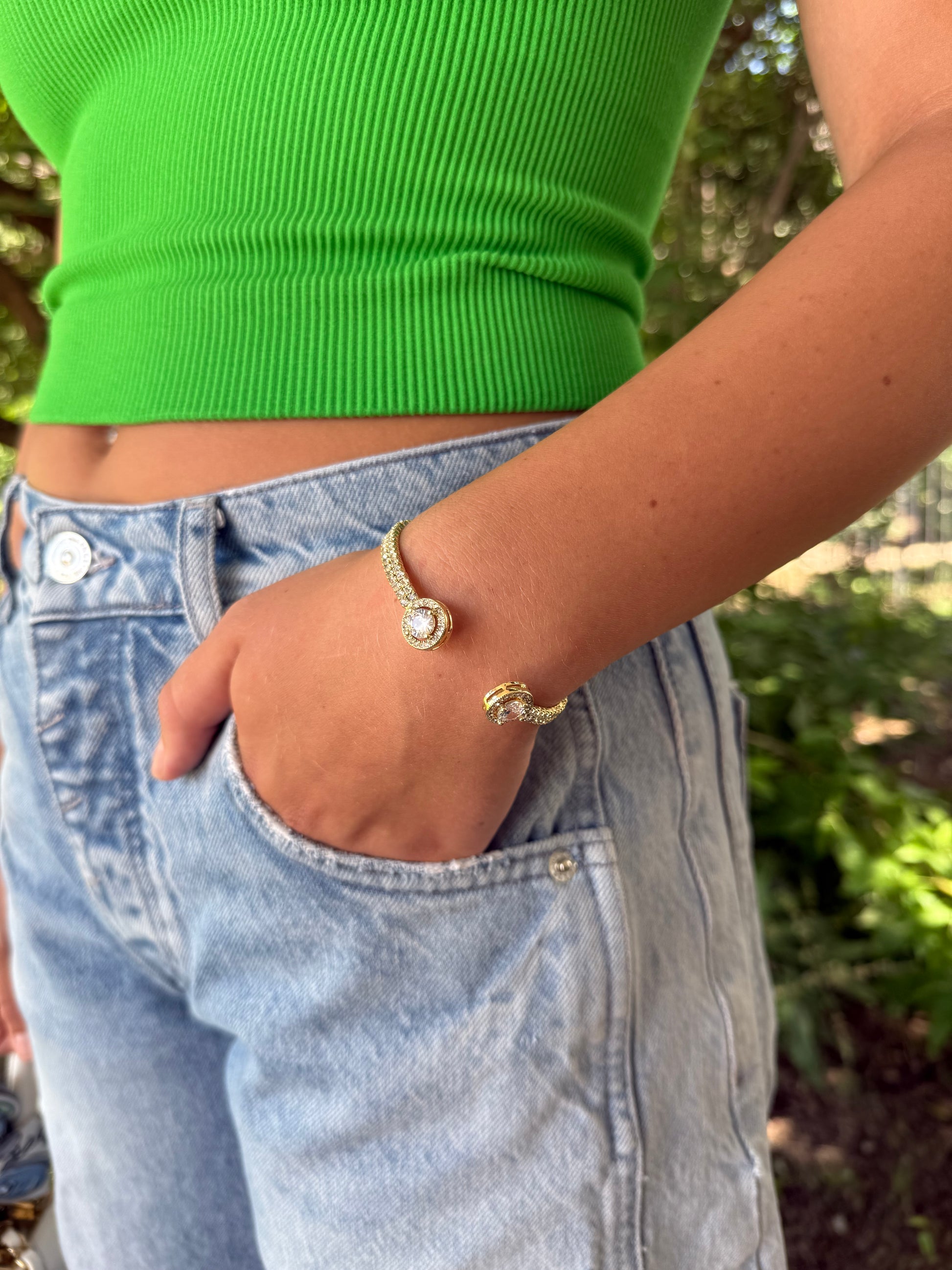 Anne Gold Tone Flexible Cuff Bracelet with C.Z. Accents