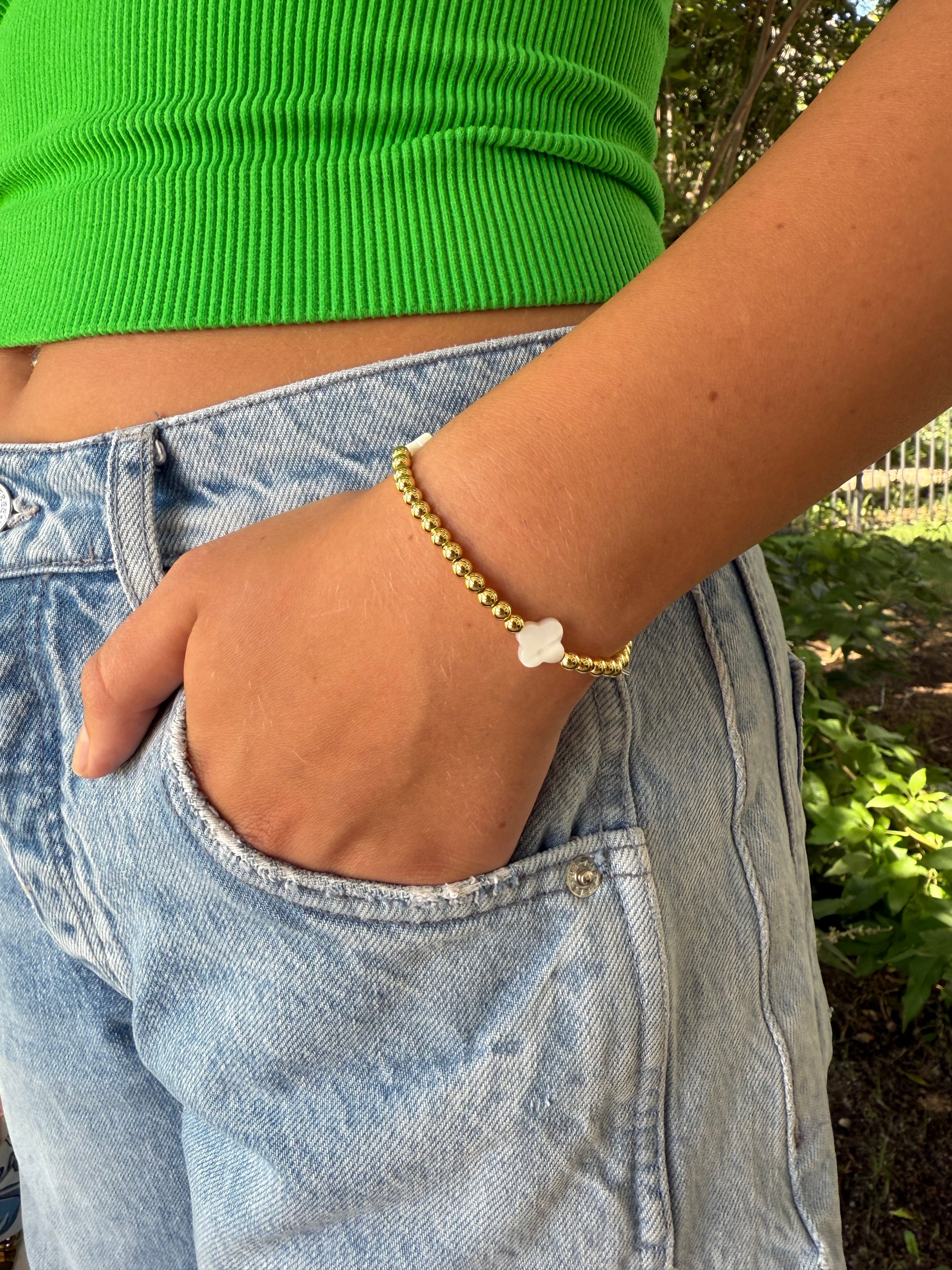 Brooke Gold Tone 3.8mm Bracelet with Pearl Hued Quatrefoil Cross Accents