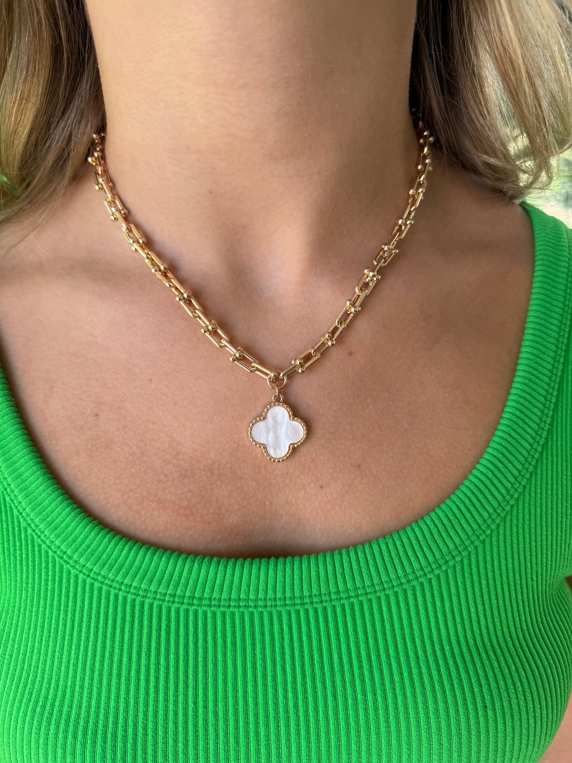 Carrie Gold-Tone with Faux Pearl Quatrefoil Charm Necklace