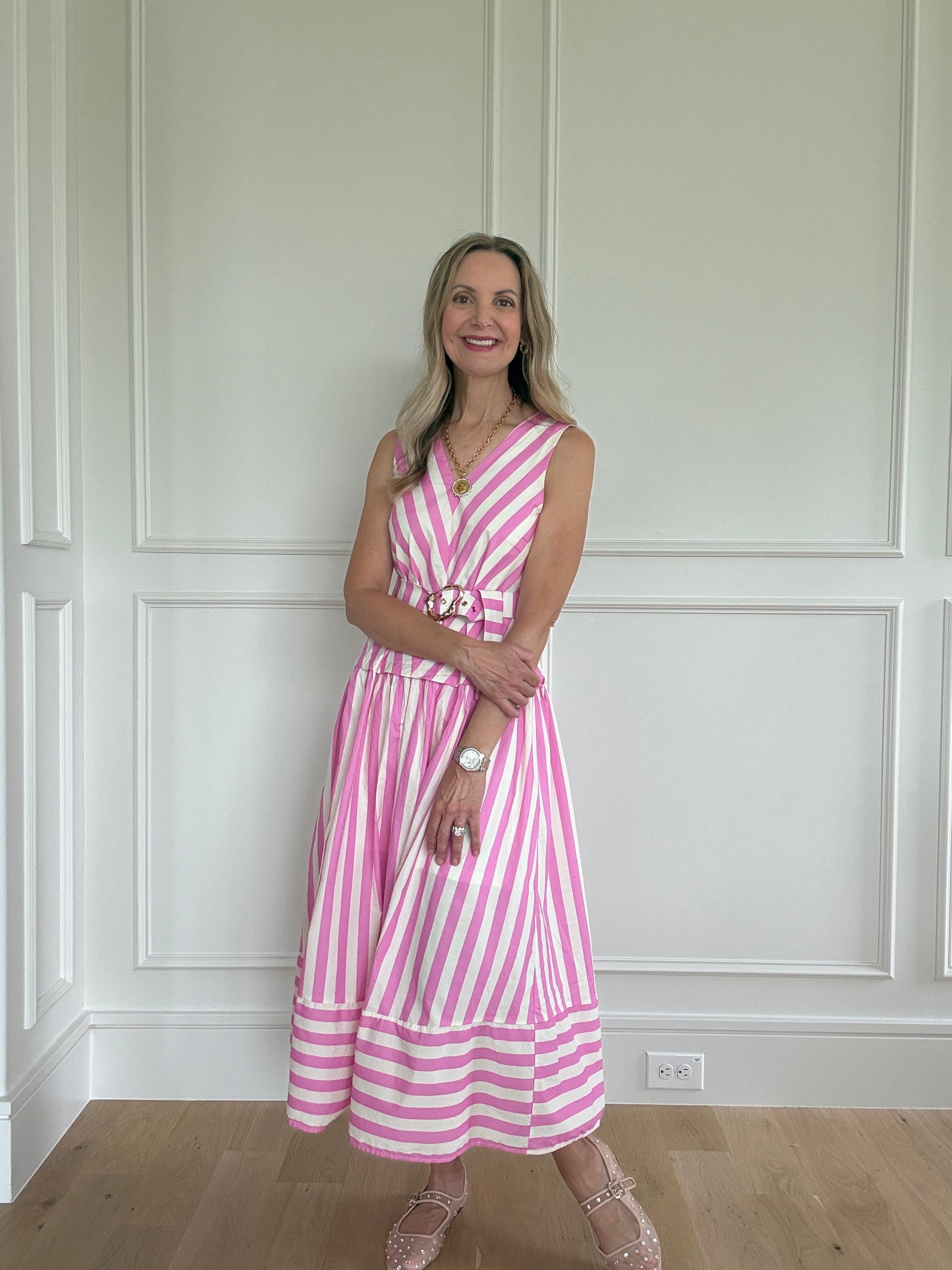 Entro Pink & White Stripe Belted Midi Dress – Bottega Estephe