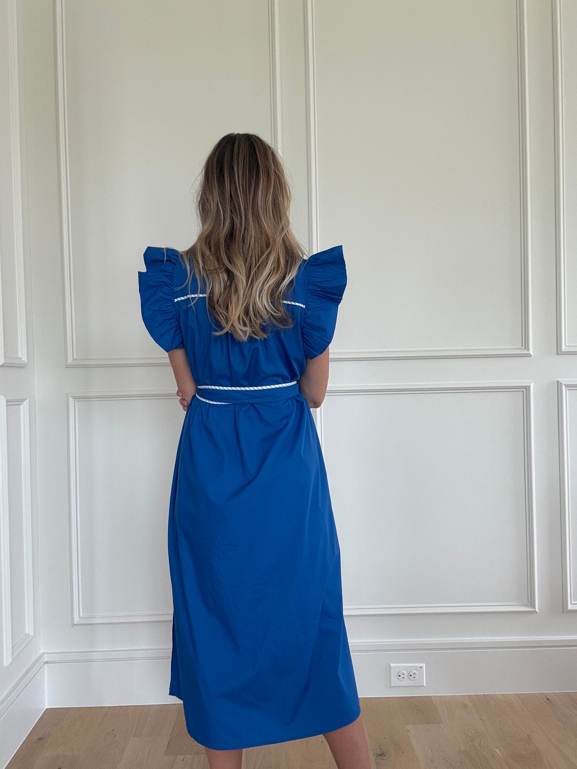 Entro Blue and White Ruffle Sleeve Midi Dress