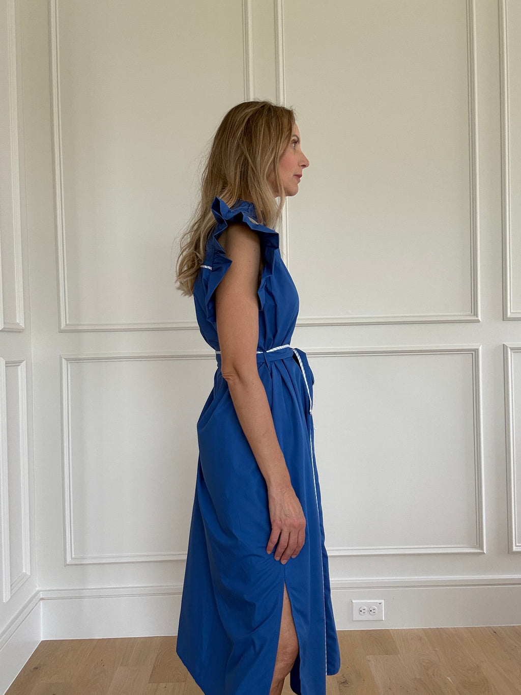 Entro Blue and White Ruffle Sleeve Midi Dress
