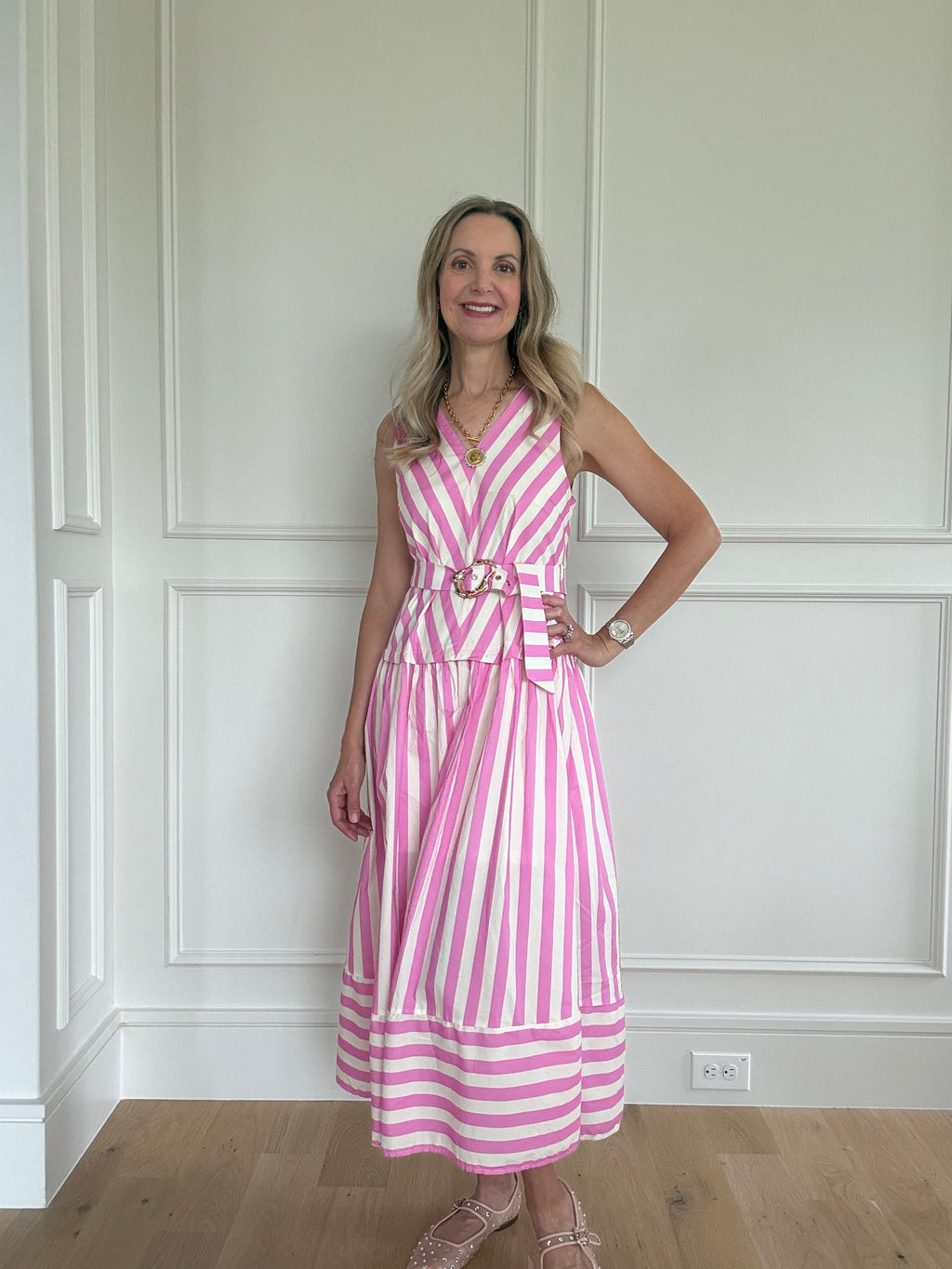 Entro Pink & White Stripe Belted Midi Dress