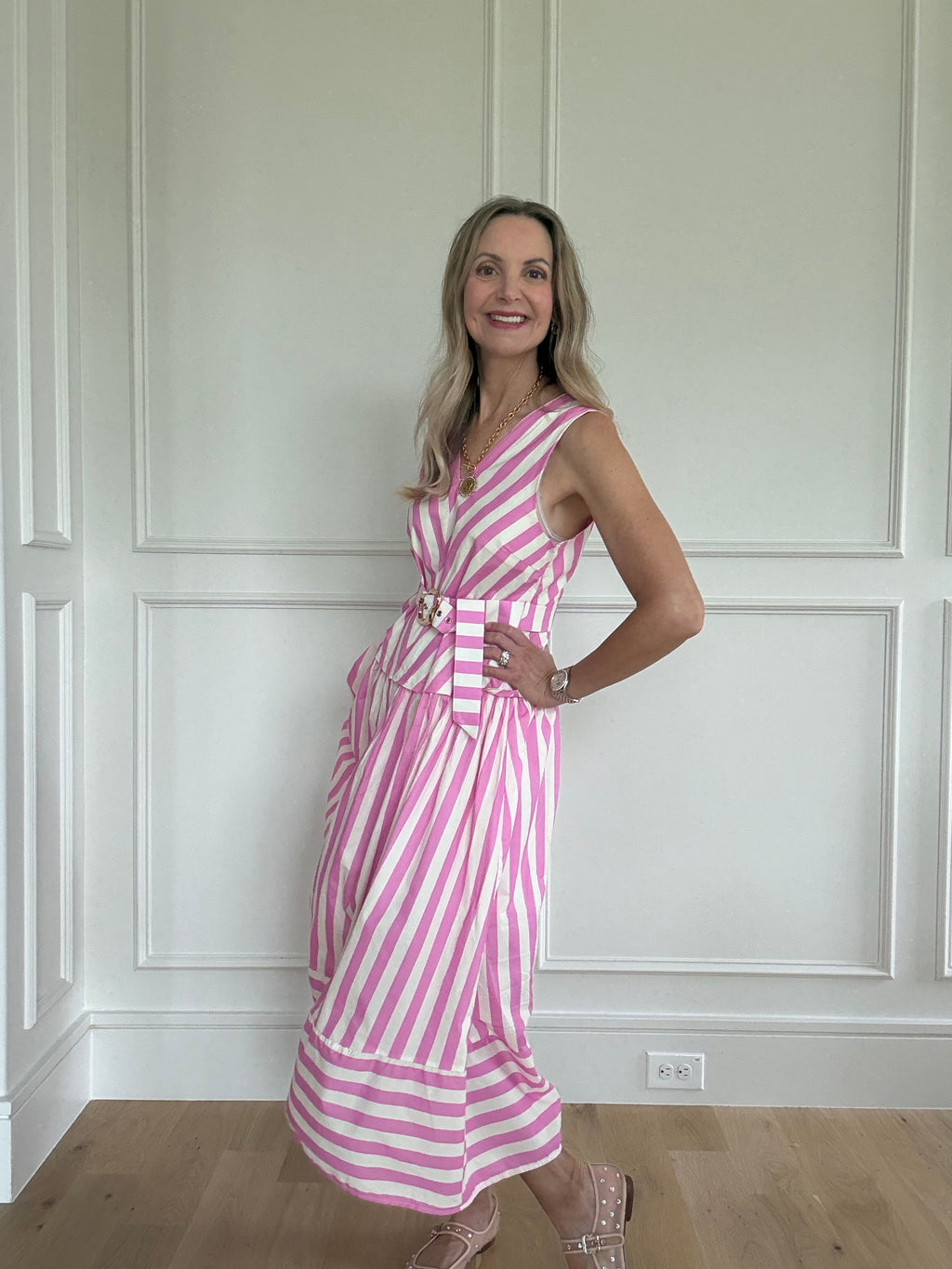 Entro Pink & White Stripe Belted Midi Dress