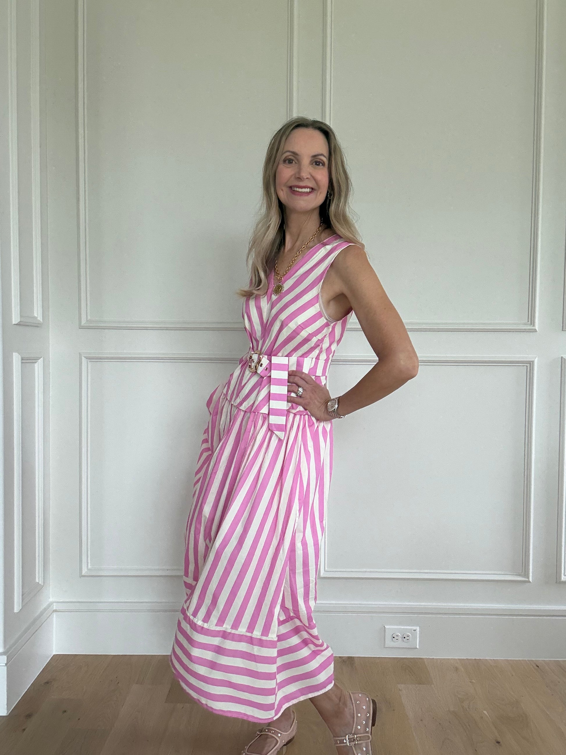 Entro Pink & White Stripe Belted Midi Dress