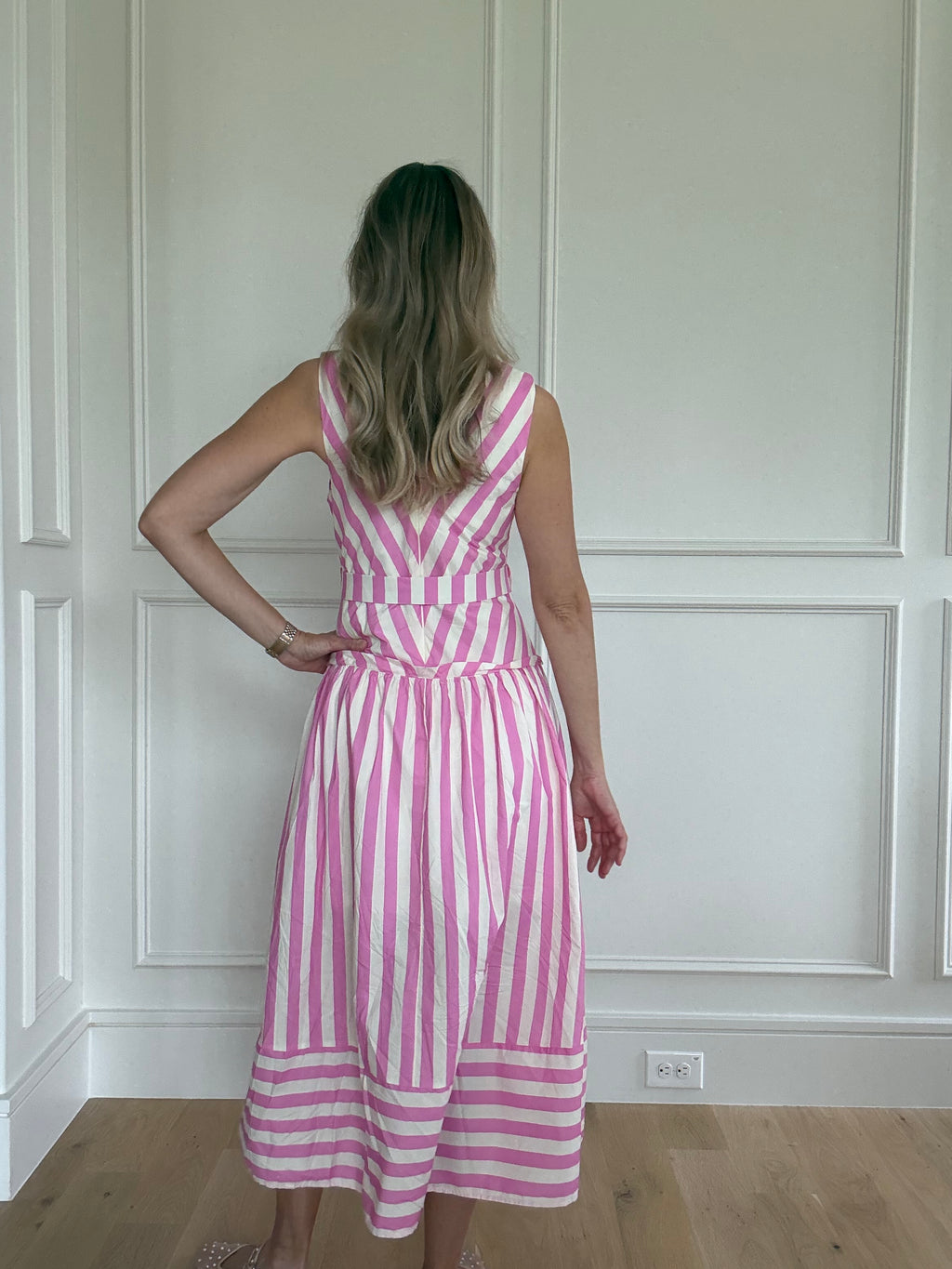 Entro Pink & White Stripe Belted Midi Dress
