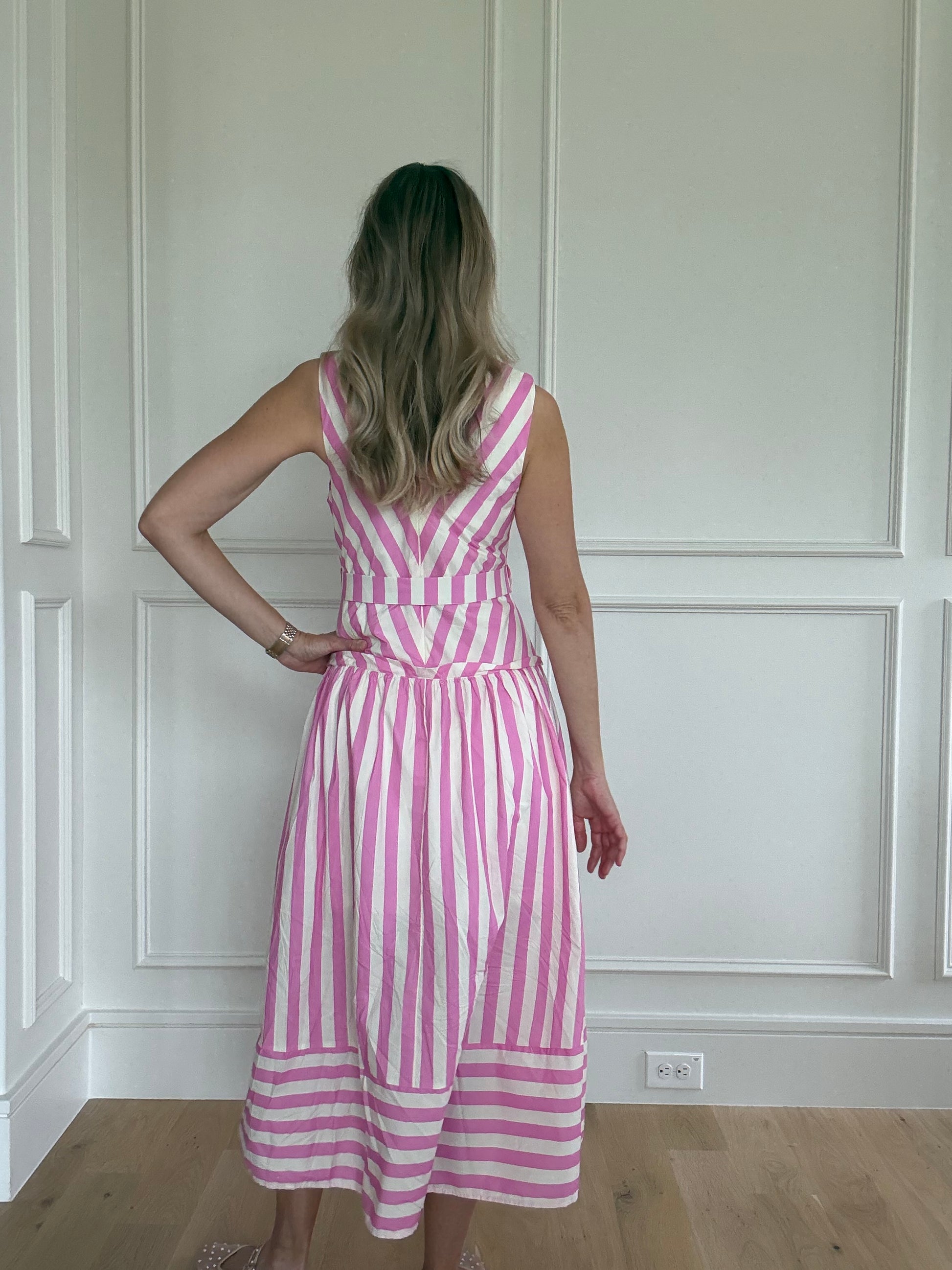 Entro Pink & White Stripe Belted Midi Dress