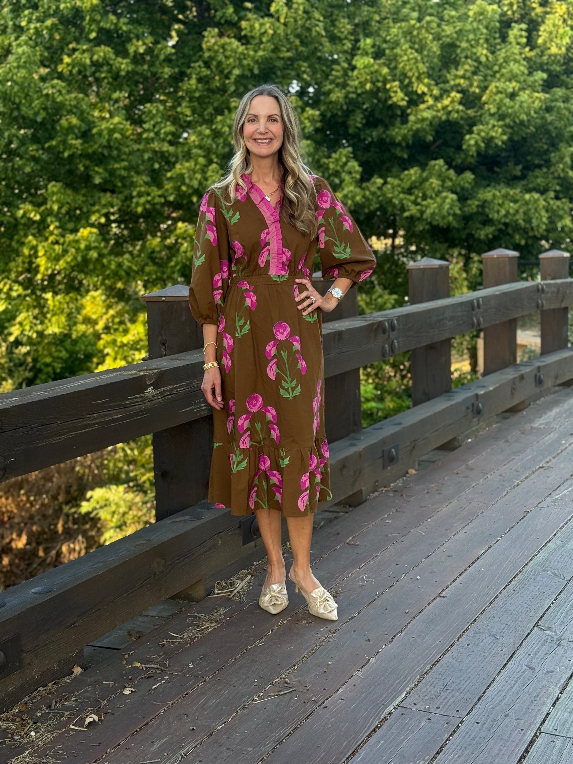 Umgee Floral Midi Dress with Ruffle Trim and Elastic Waist - Brown