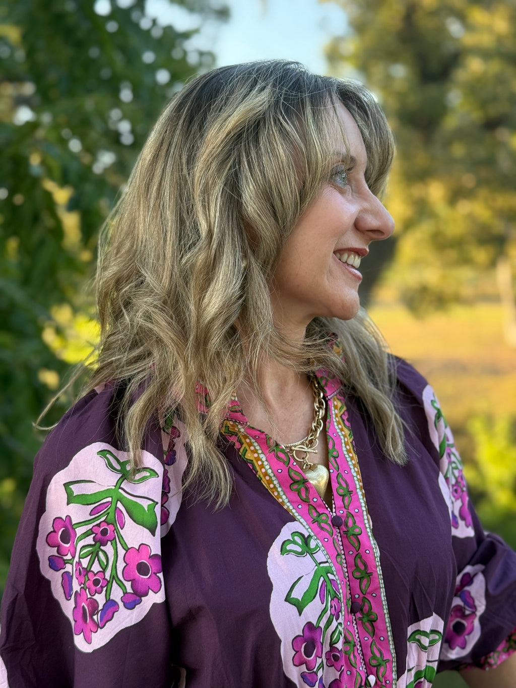 Umgee Flower Patch Boarder Print V-Neck Midi Dress