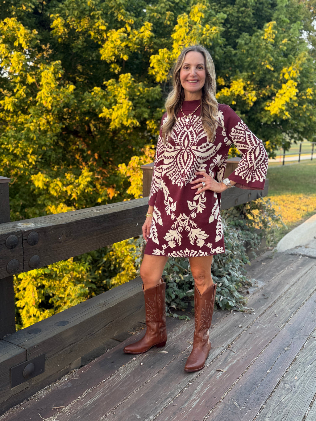 Umgee Two Tone Abstract Print Sweater Dress - Burgundy