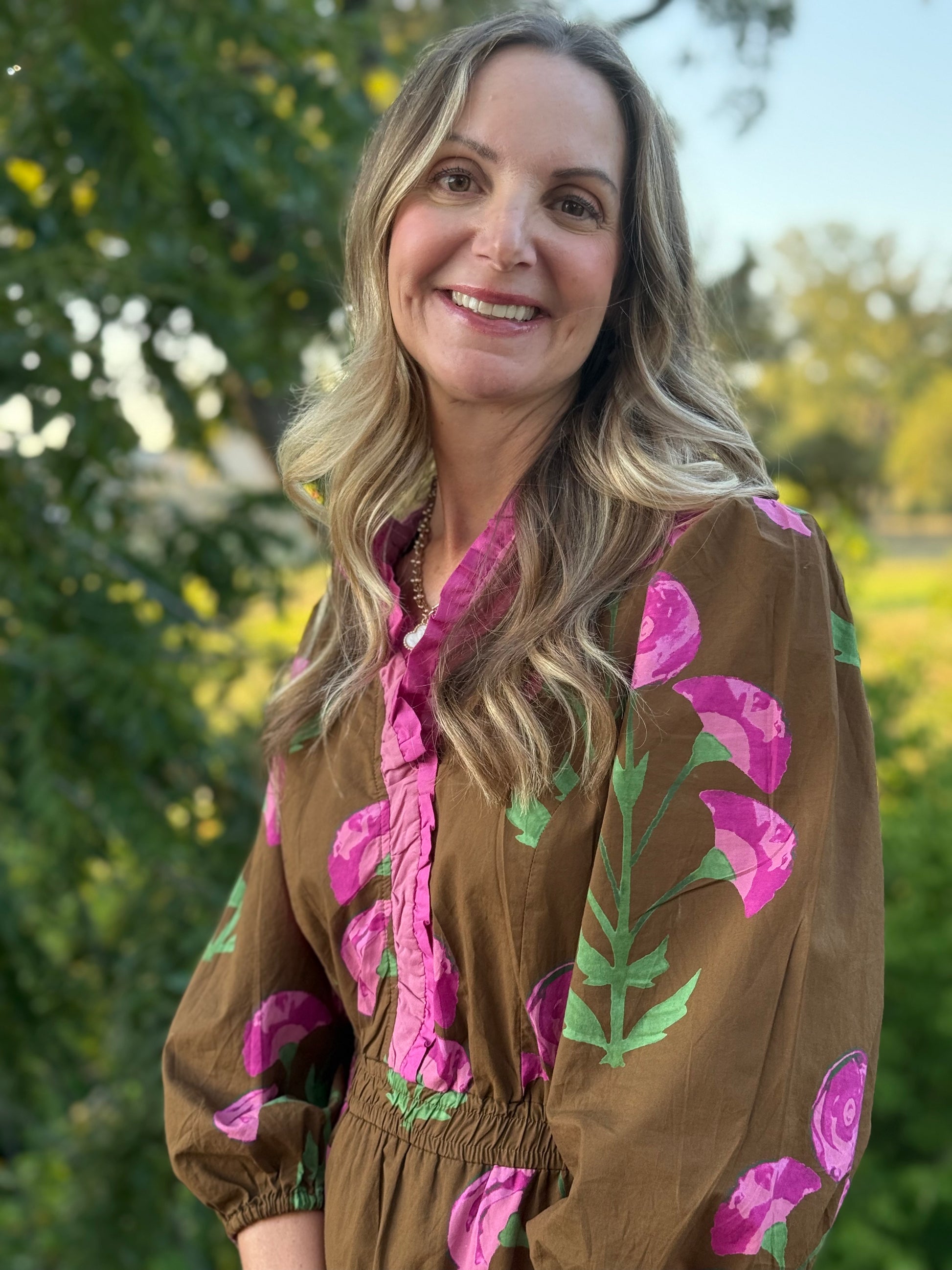 Umgee Floral Midi Dress with Ruffle Trim and Elastic Waist - Brown