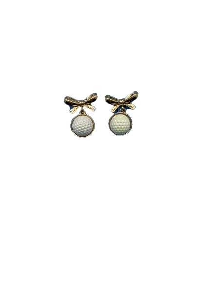 Gold Tone Bow Earrings with Dangling Faux Pearl Golf Ball