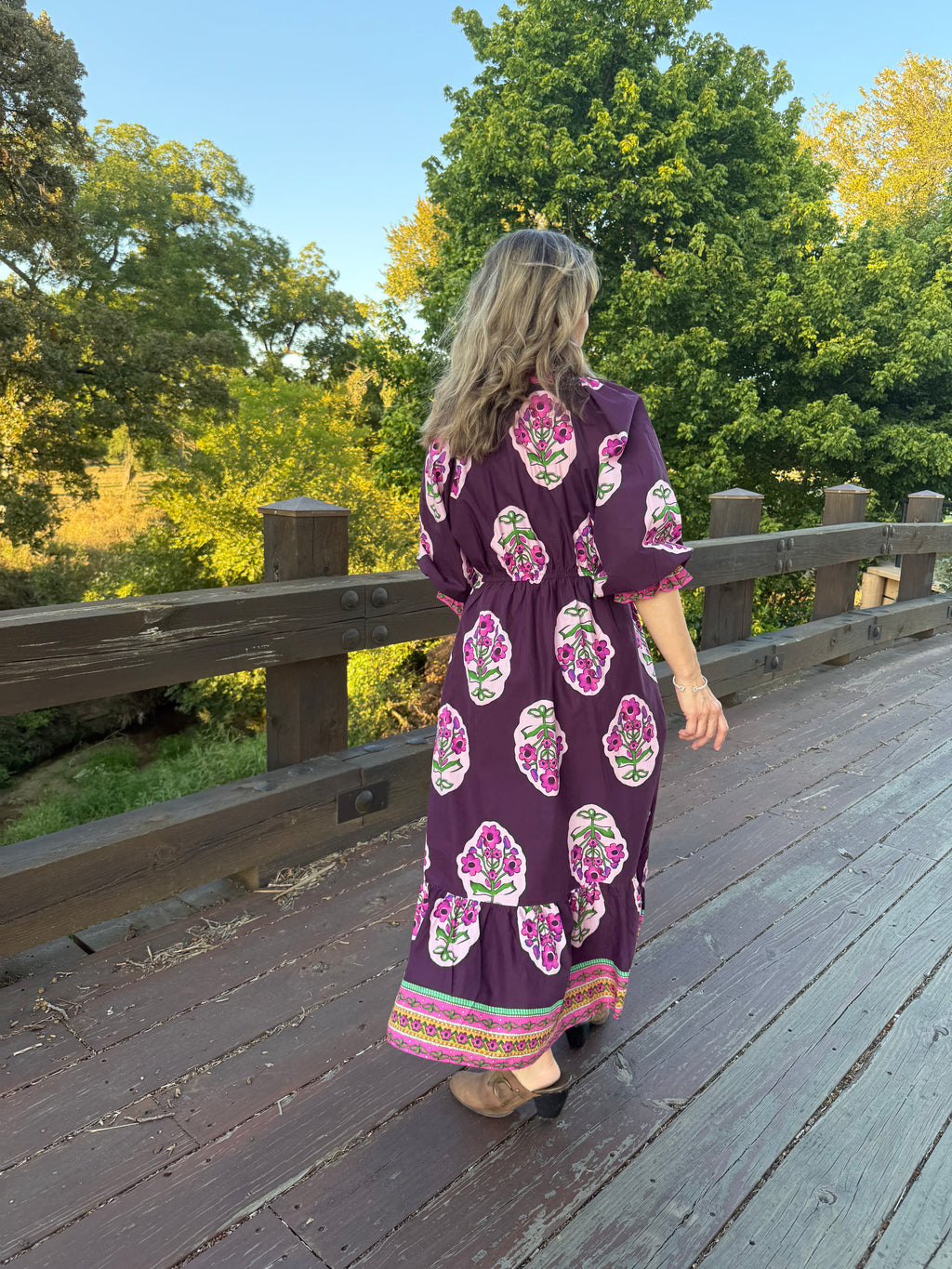 Umgee Flower Patch Boarder Print V-Neck Midi Dress