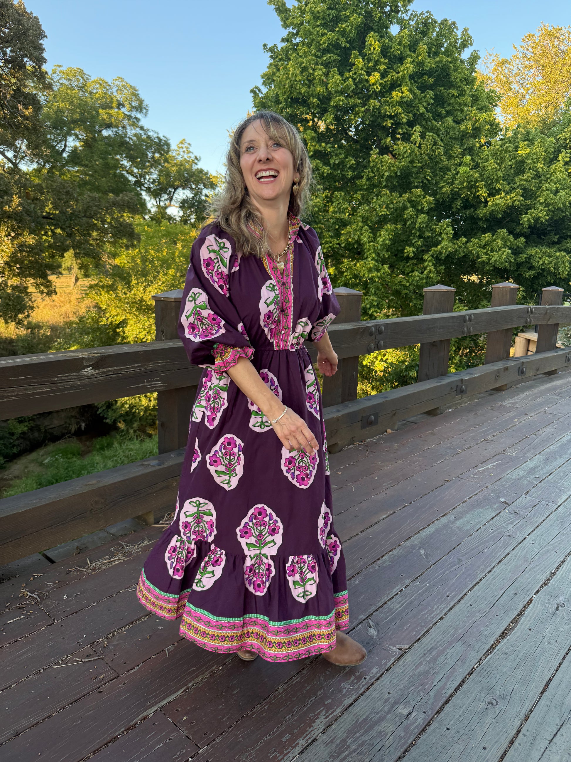 Umgee Flower Patch Boarder Print V-Neck Midi Dress