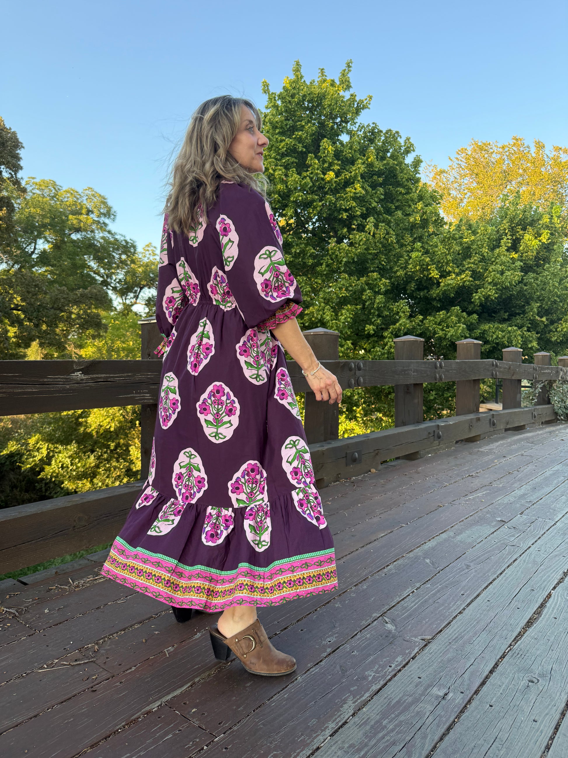 Umgee Flower Patch Boarder Print V-Neck Midi Dress