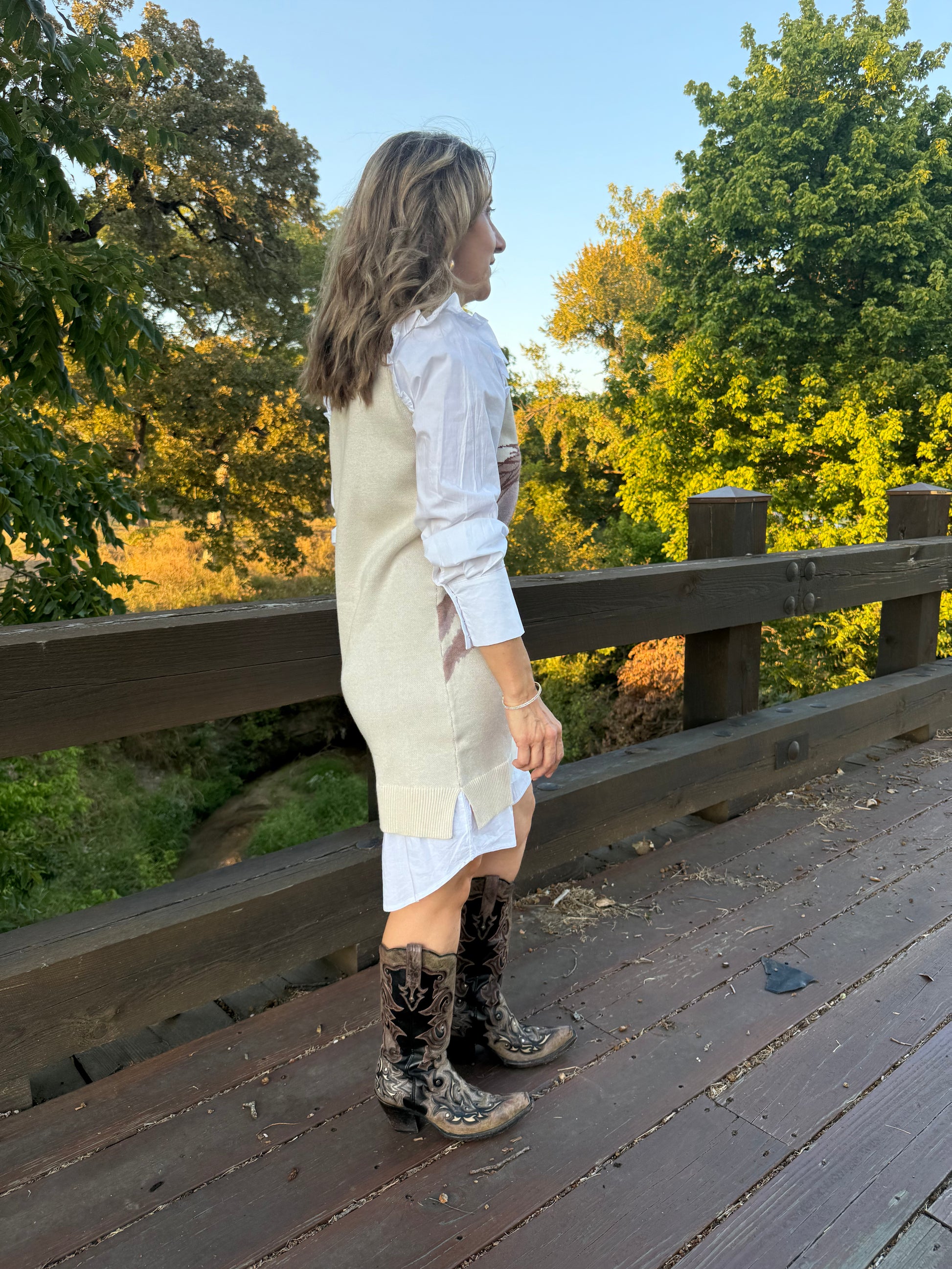 Horse Sweater Dress in Black w/Faux White Ruffled Oxford Dress