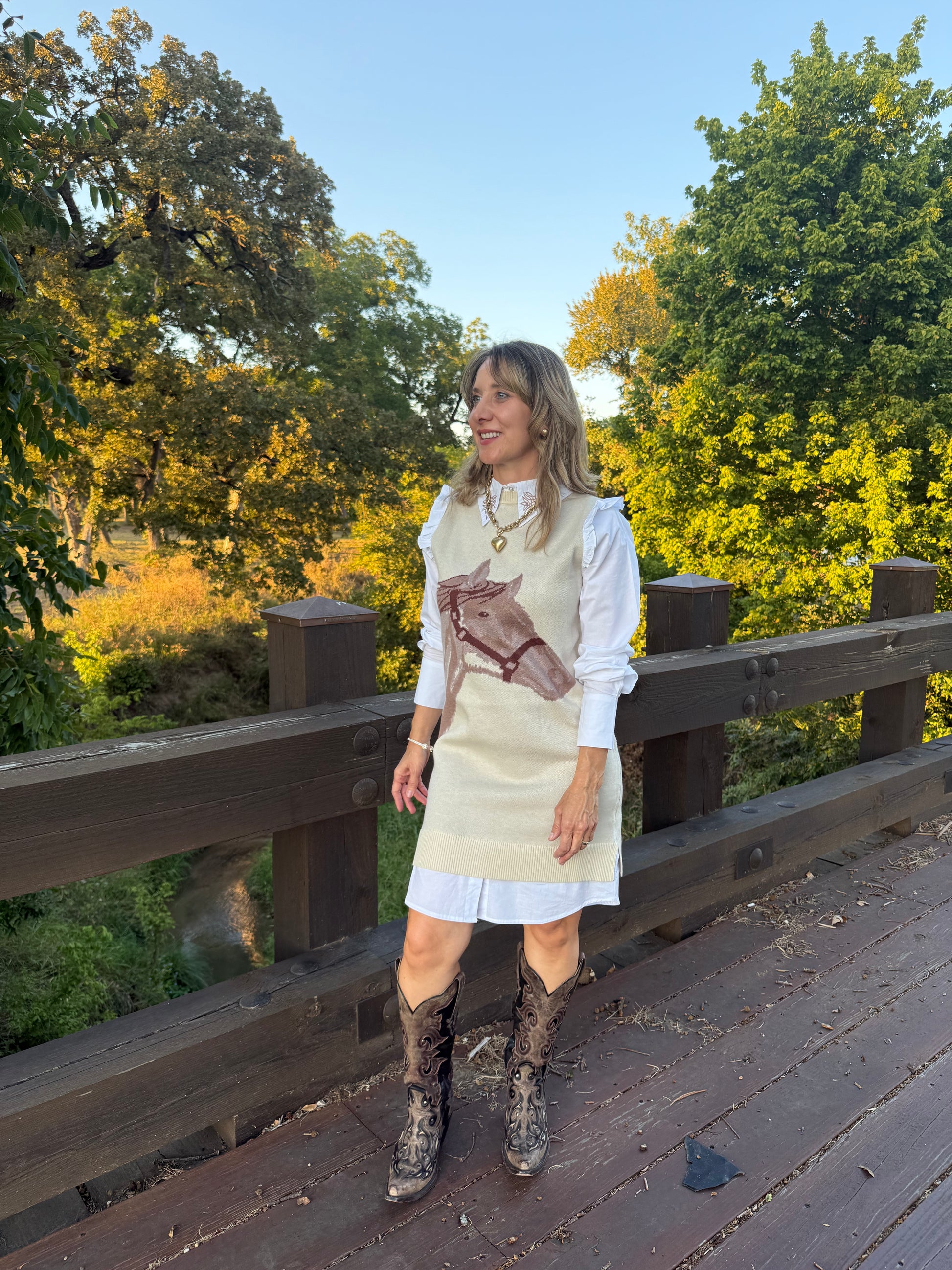 Horse Sweater Dress in Black w/Faux White Ruffled Oxford Dress