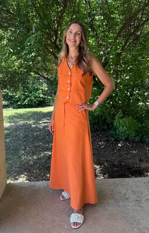 *Final Sale* Laurie Cotton & Linen Vest with Long Swing Skirt Set in Orange