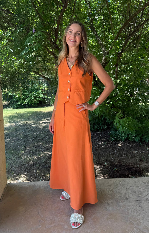 *Final Sale* Laurie Cotton & Linen Vest with Long Swing Skirt Set in Orange